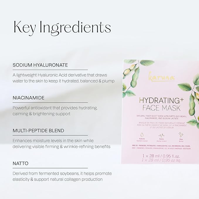 Karuna - Hydrating+ Facial Mask for Well-Moisturized & Hydrated Skin, Glow-Enhancing Facial Skin Care Products, Hydrating Face Masks with Natto, Niacinamide & Sodium Lactate, 1 Pack