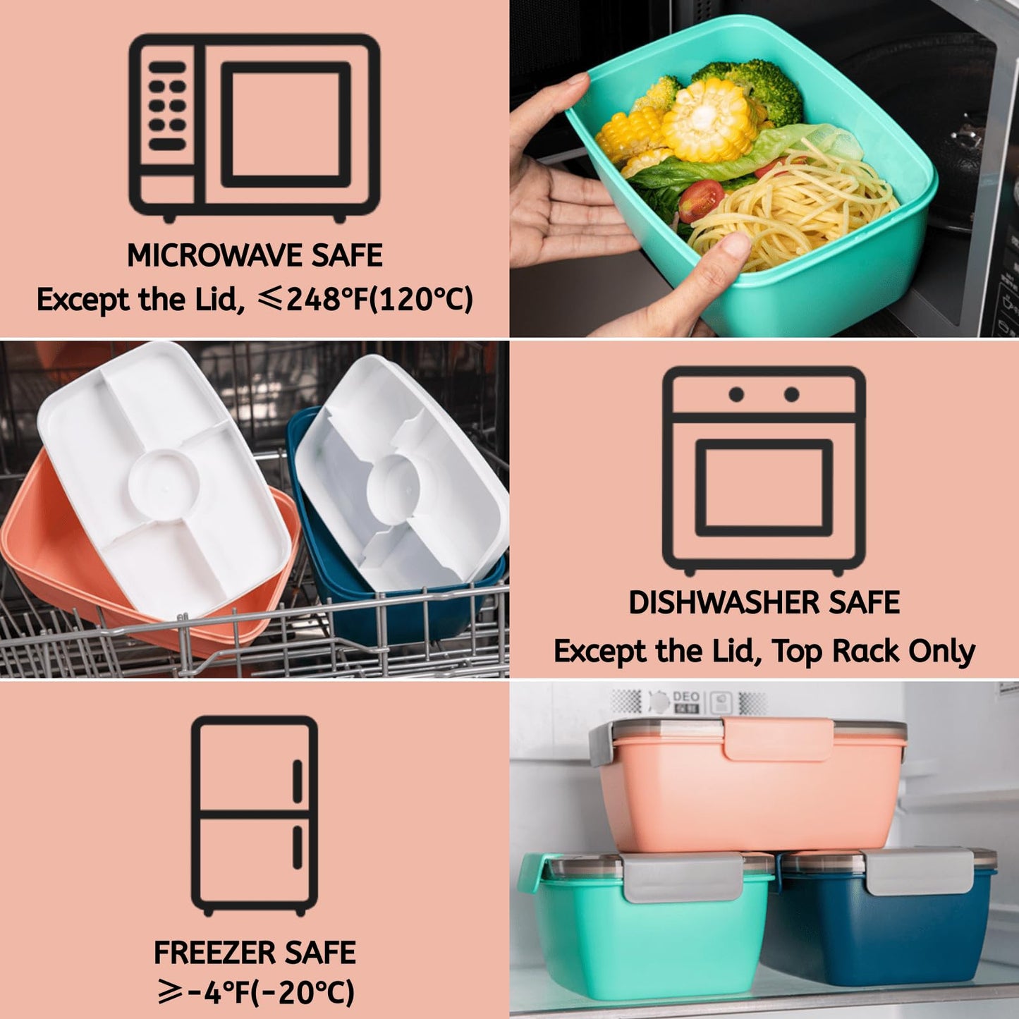 Youeon 3 Pcs 68 Oz Salad Lunch Container with 4 Compartment Tray, Bento Lunch Box with Spoon & Dressing Cup, Leakproof Salad Container for Lunch, Toppings, Snacks, Fruits, BPA-Free