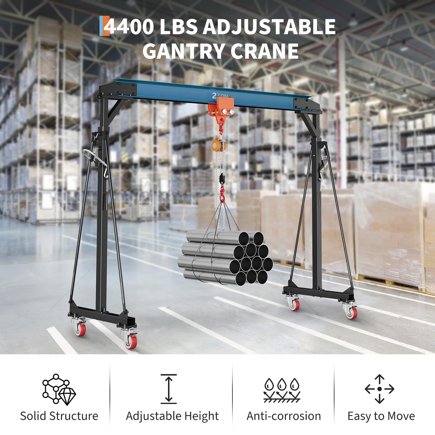 2 Ton Gantry Crane, 4400 LBS Adjustable Gantry Crane with 8-12 ft Height, Shop Lift Hoist with Manual Trolley, Hook & Shackles for Warehouse, Factory