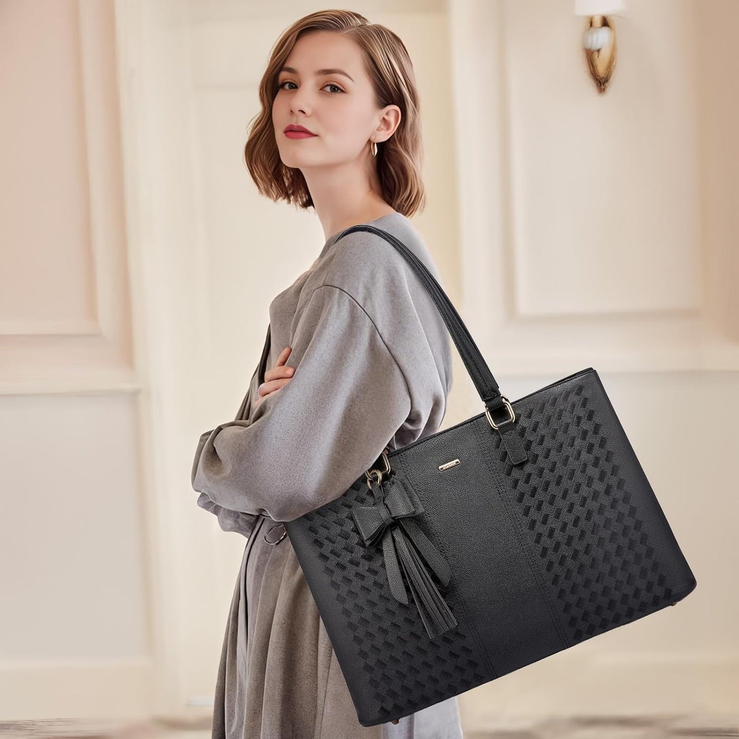LOVEVOOK 15.6 Inch Laptop Tote Bag for Women Waterproof PU Leather Computer Bags for Business Office Work Briefcase