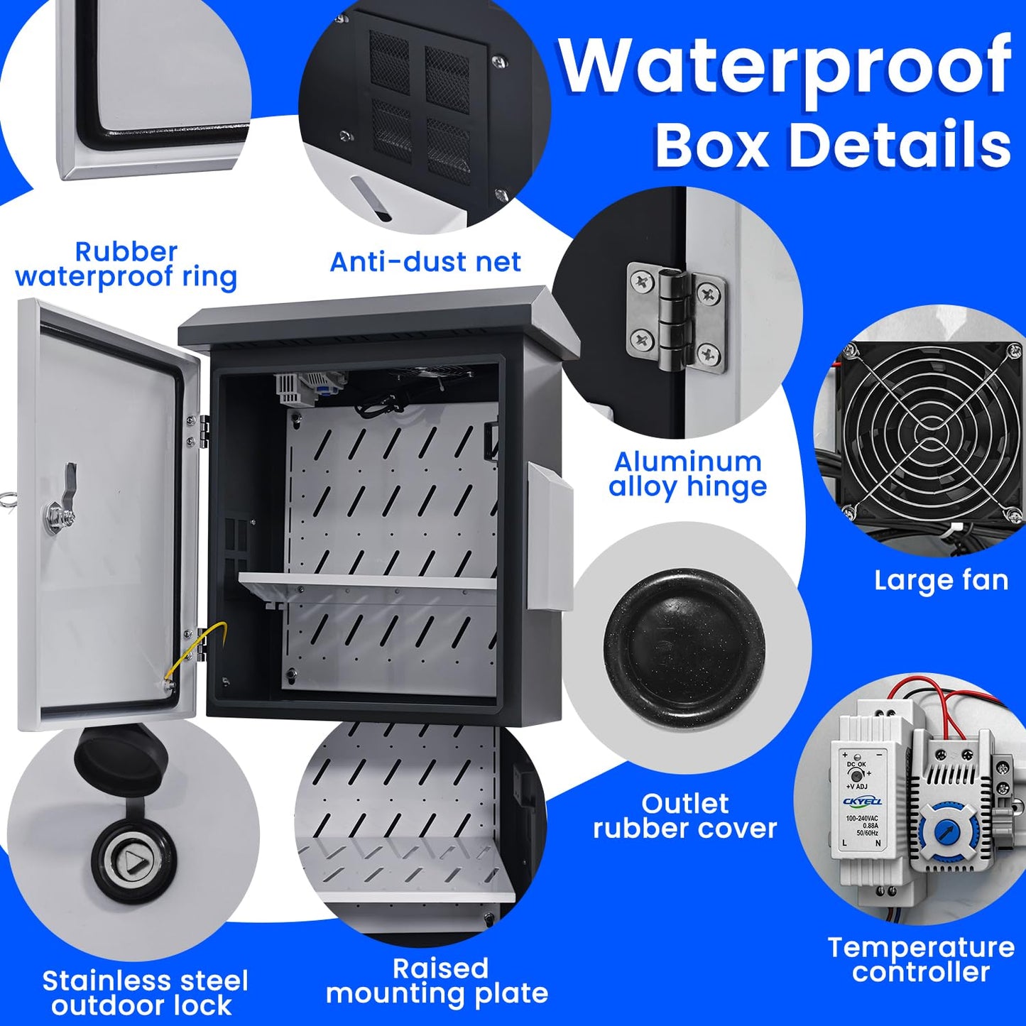 POOAMY Lockable Electrical Enclosure Box, 15.7"x11.8"x7.9", IP65 Waterproof Metal Junction Box with Thermostat and Cooling Fan, Outdoor Electrical Box with Internal Mounting Plate, Grey & White