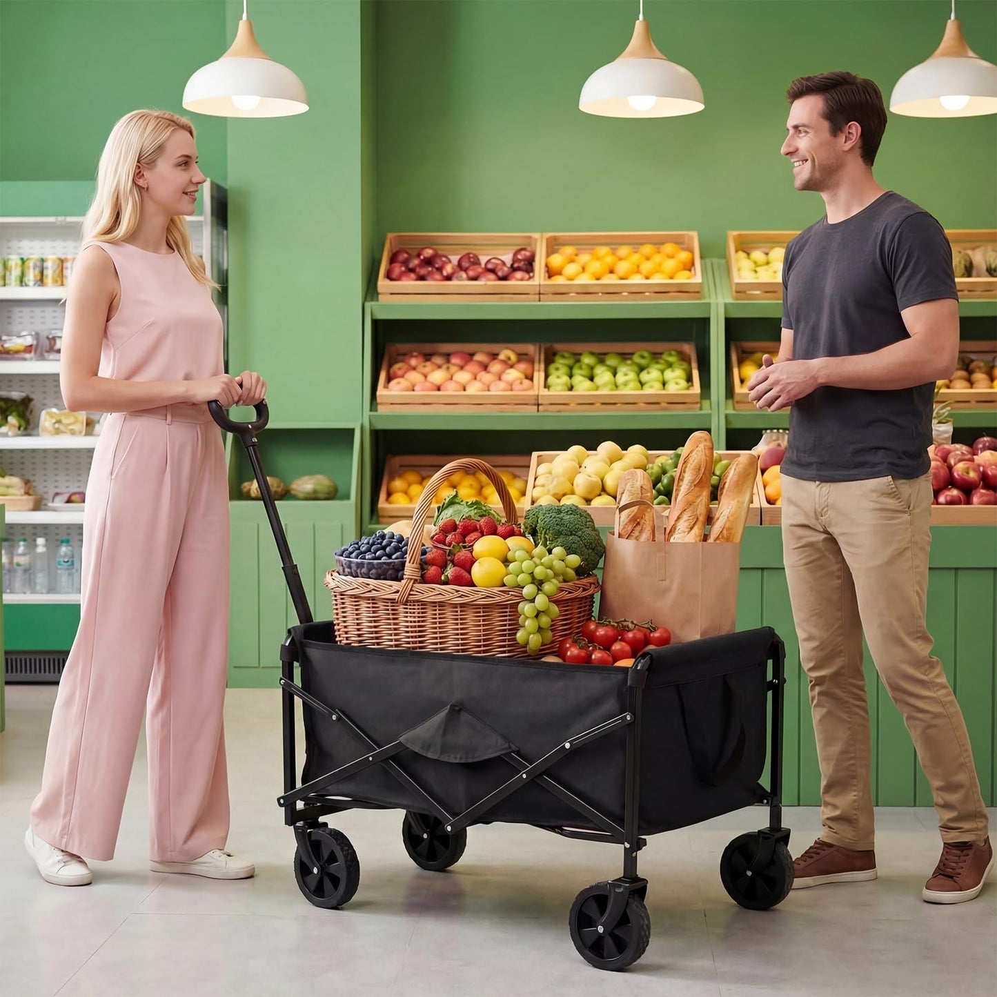 NEWBULIG Collapsible Wagon Cart, 67L Compact, Lightweight & Portable Heavy Duty Pull Cart with Wheels, 220 lbs Capacity, Adjustable Handle for Beach, Sports, Camping, Shopping & Garden, Black