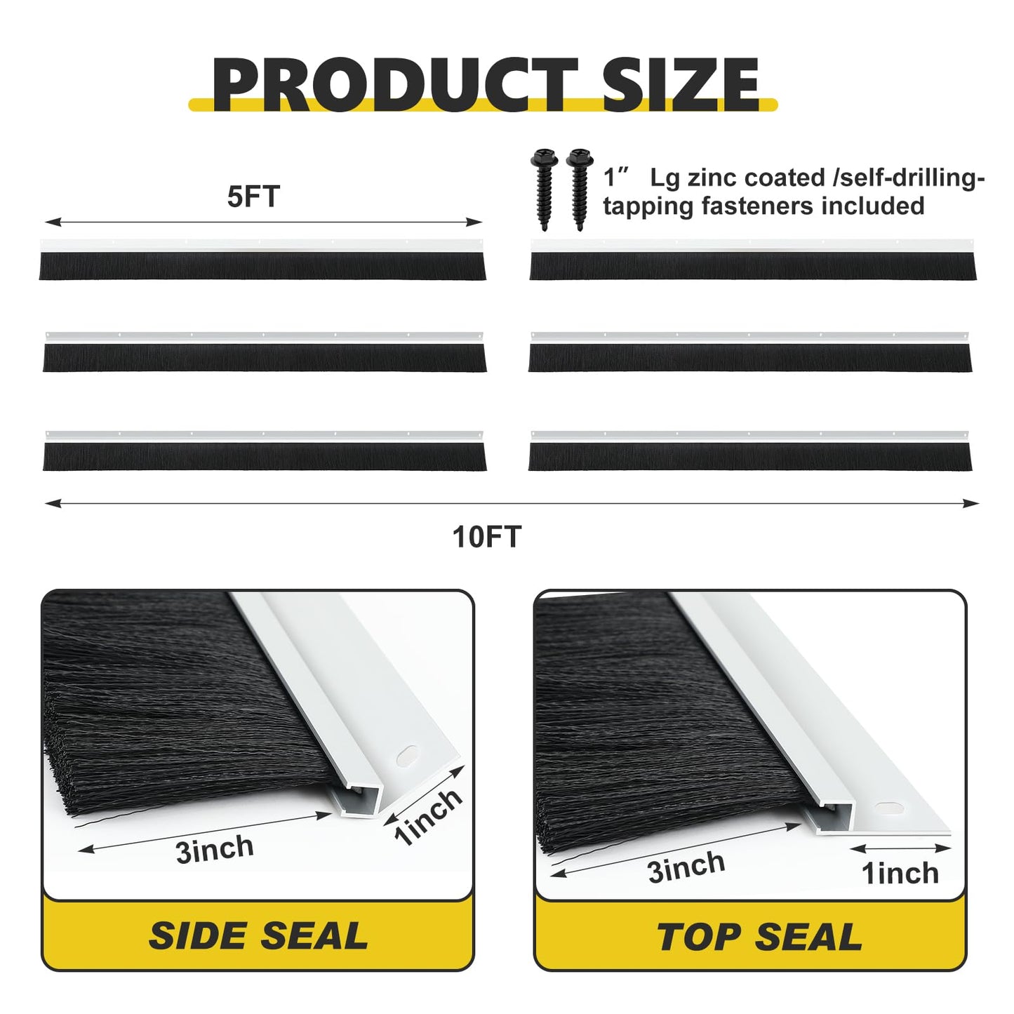 DoubleFill 10 x 10 ft Garage Door Brush Seal Kit, 3 Inch Roll up Door Seal with Aluminum Track, Heavy Duty Nylon Brush for Commercial Doors, Warehouse Barn, Energy Saving, Pest Proof, Black
