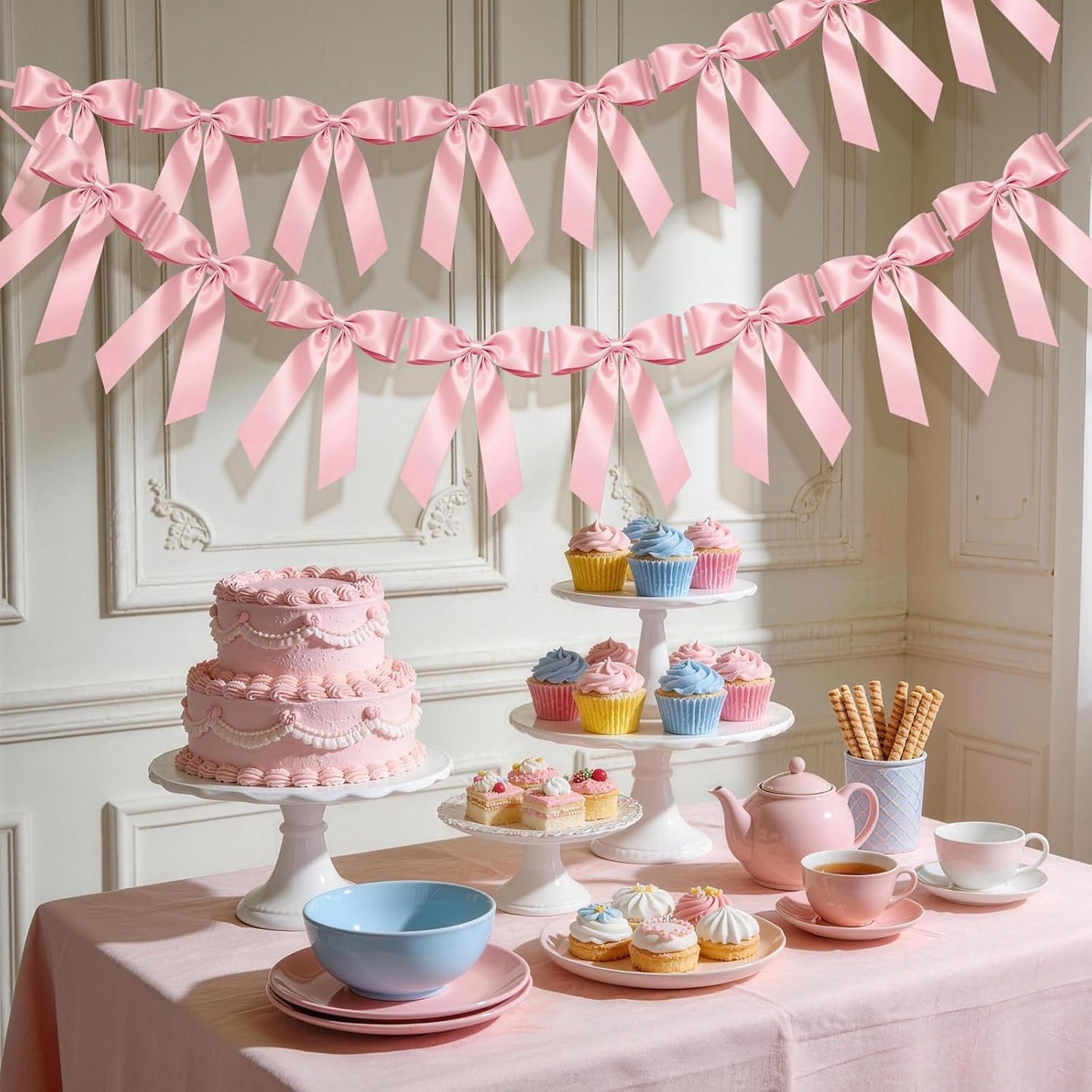 Skiennix Pink Bow Garland Banner - 8 Pre-Strung Double-Layer Satin Ribbon Bows | Valentine's Day Decor & Party Accent