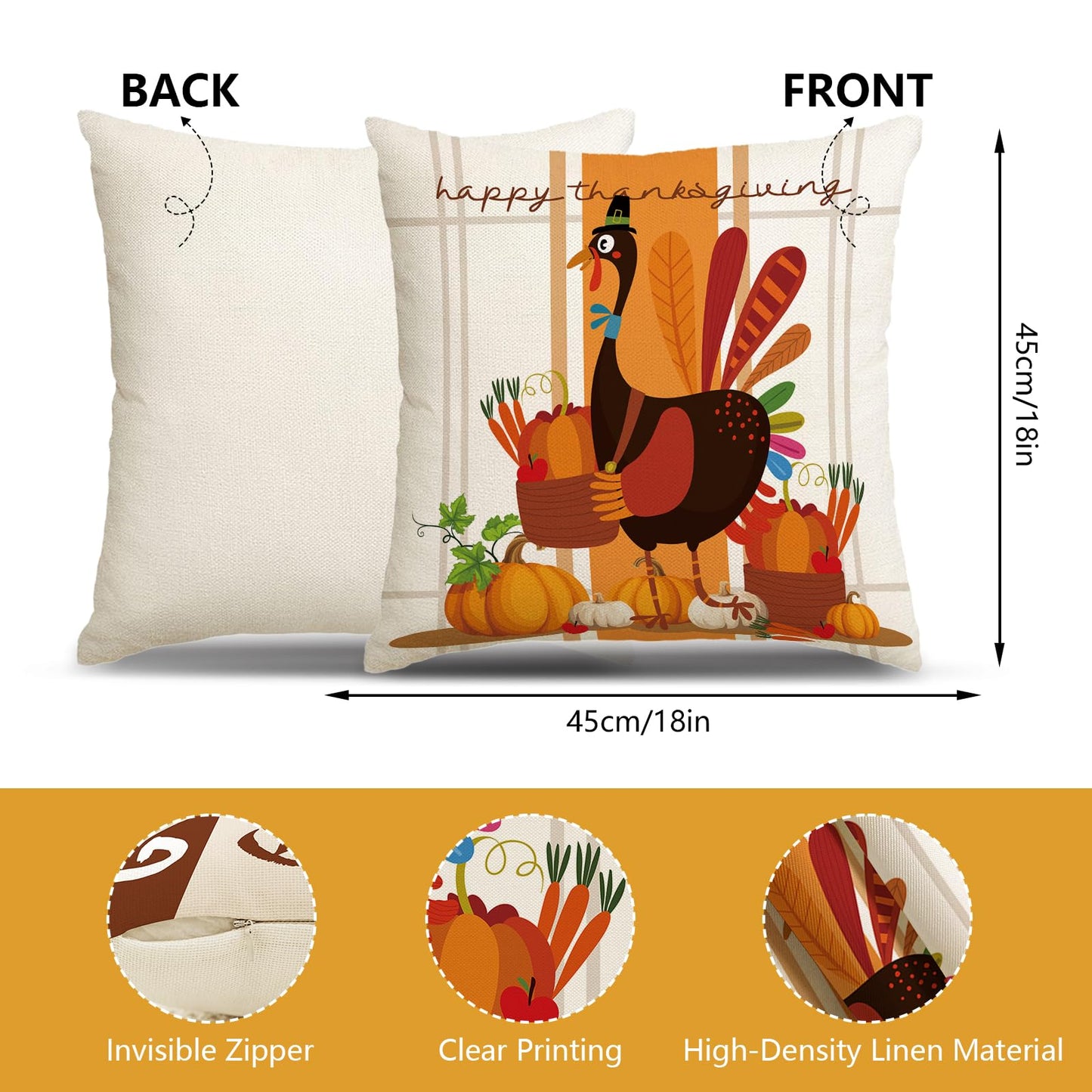 MEHOFOND Thanksgiving Pillow Covers 18x18 Set of 4, Fall Throw Pillow Covers Turkey Pumpkin Orange Farmhouse Home Decor Pillowcase Give Thanks Cushion Case for Sofa Couch