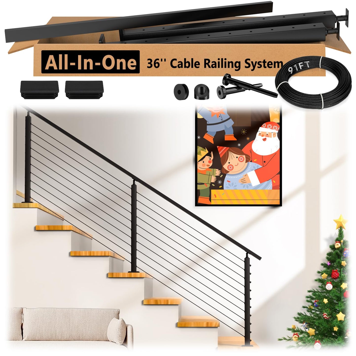 Zylorix 4ft-8ft Complete Set 36" Cable Railing System 33° Drilled with Cuttable Handrail, Modular Black T304 Stainless Steel Angled Stair Cable Railing Posts Kit for 28-38° Wood Concrete Stair