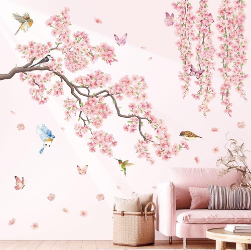 DECOWALL SG3-2320 Cherry Blossom Flower Wall Stickers Decals Branches Birds Butterflies Art Bedroom Floral Flower Girls Home Kids Living Nursery Pink Room Tree Nursery décor Baby