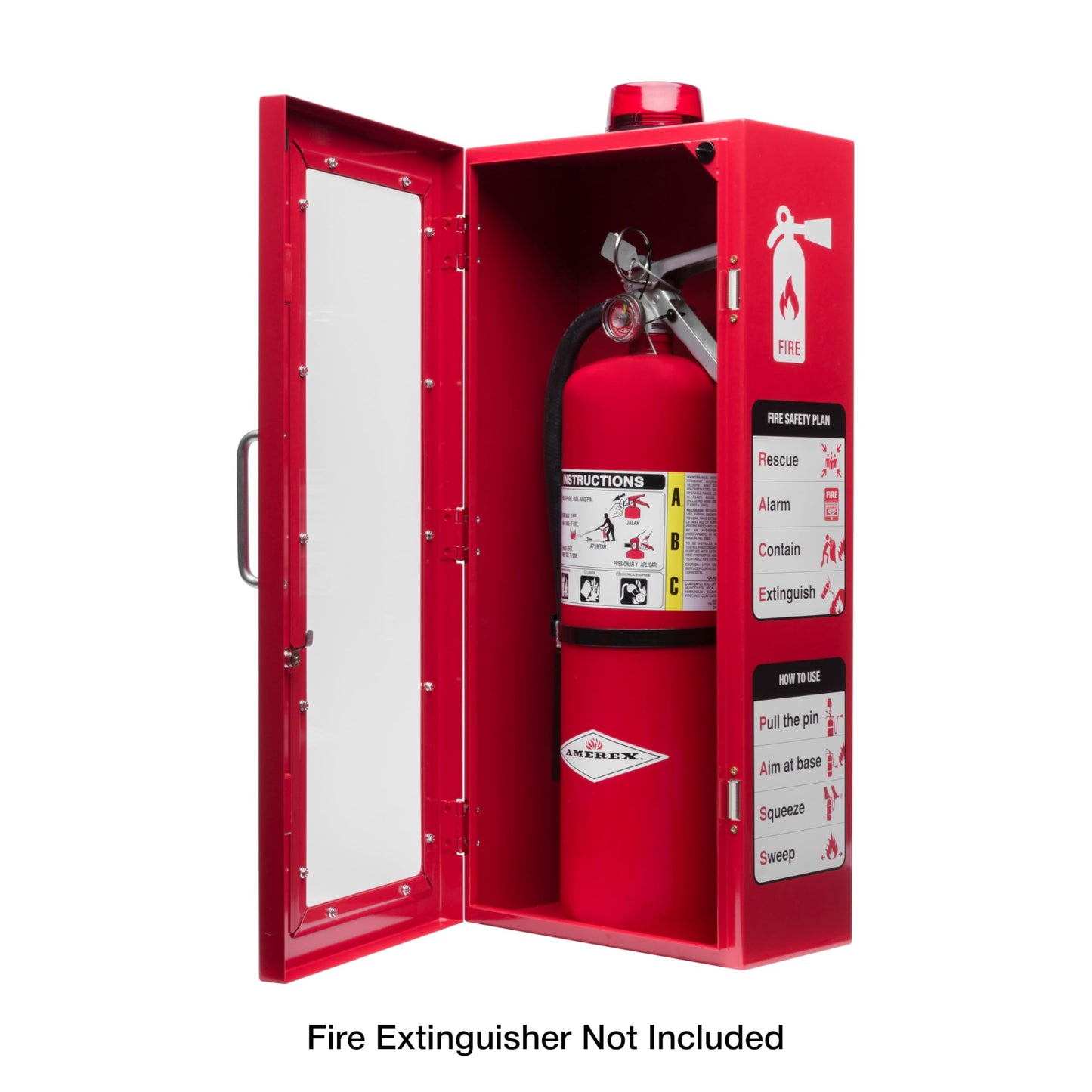 10 lb Fire Extinguisher Cabinet with Alarm, Lock, & Breakable Acrylic Window | Wall or Surface Mount | Fits 5 lb and 10 lb Extinguishers | Fire Safety Instructions Included (10 lb) (Red)