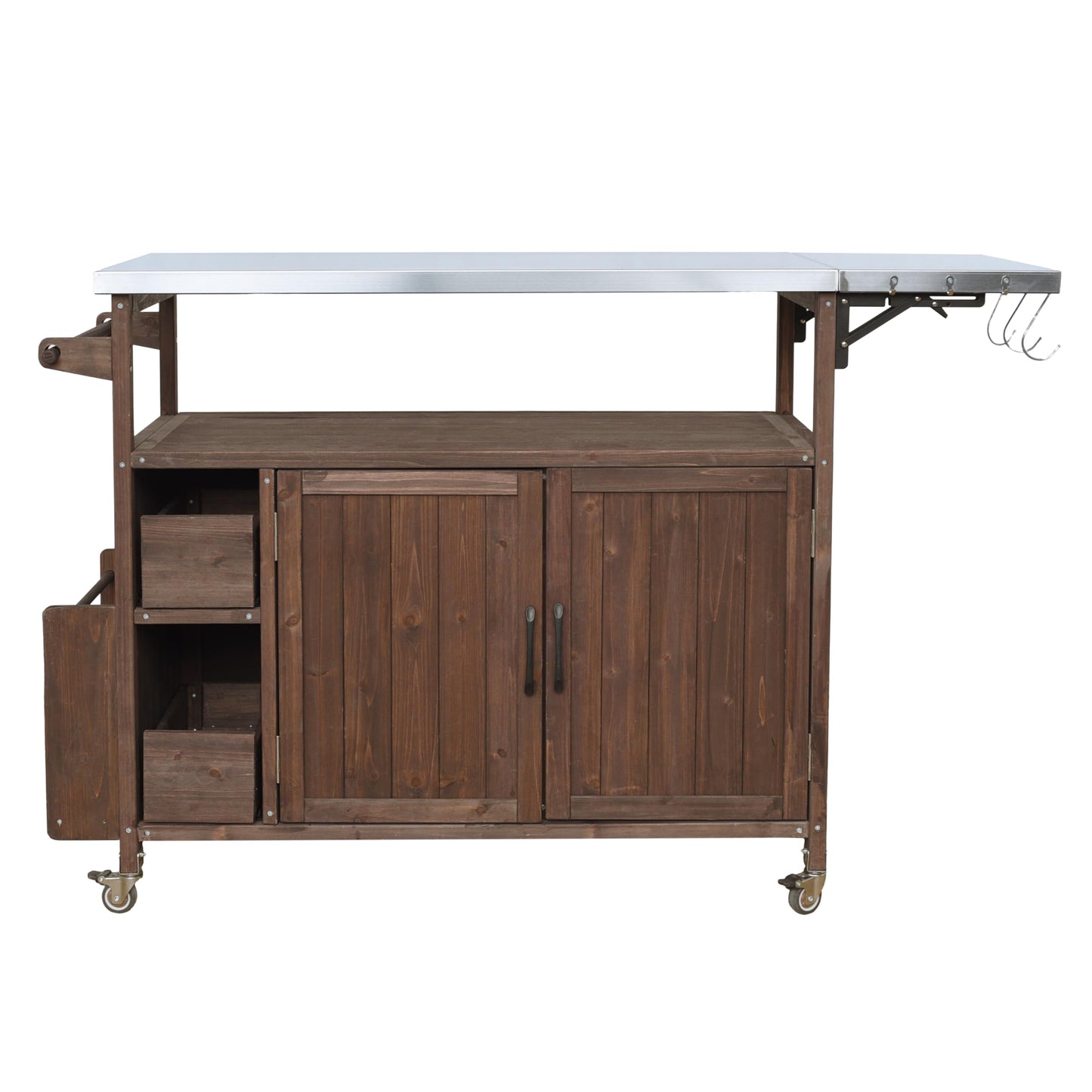 MEETFAV 54" Grill Cart with Stainless Steel Top, Spice Rack, Towel Rack, Lockable Wheels, Multi-Functional Outdoor Kitchen Island with Storage for BBQ, Patio & Kitchen, Brown