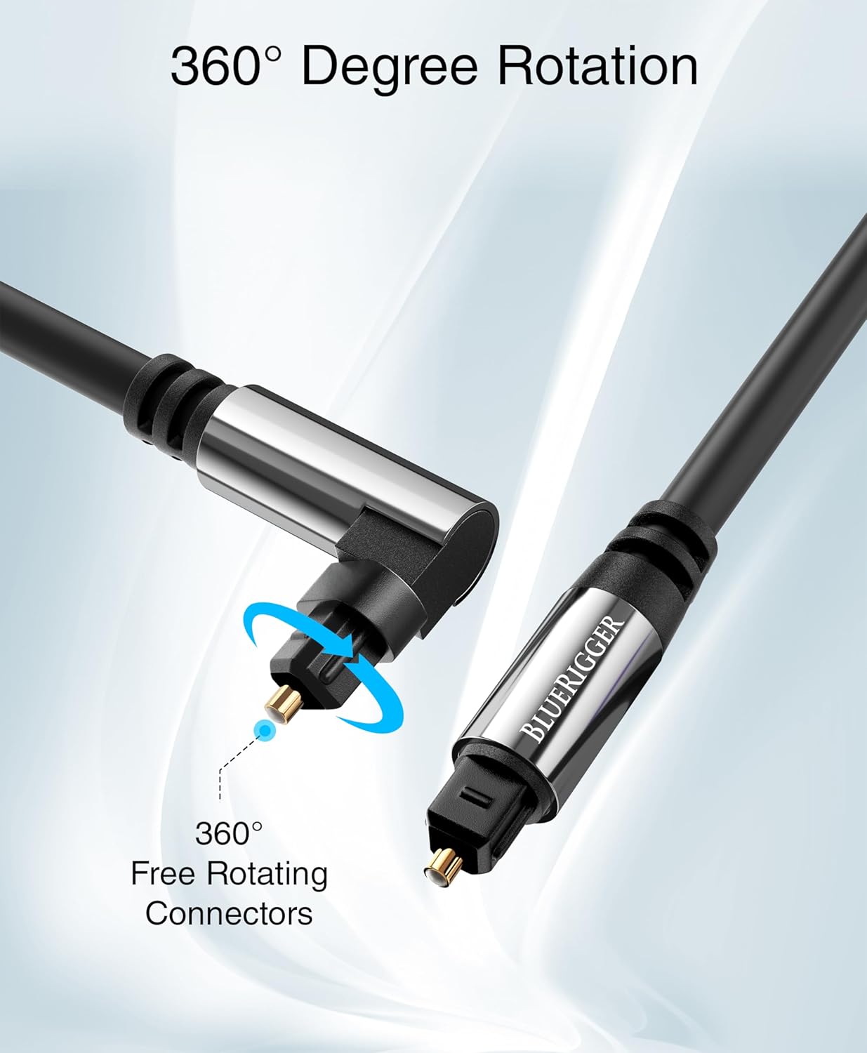 35FT (90 360 BlueRigger Optical Audio Toslink Cable - Degrees Optical Cable for Soundbar, Degree Rotatable Right Angle
