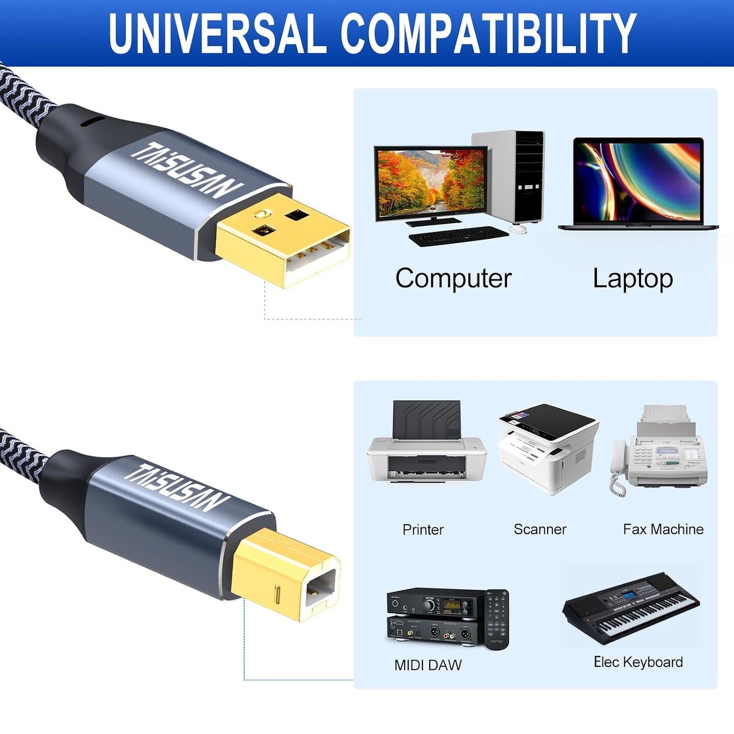 50ft 2.0 USB Printer Cable, High Speed USB A to USB B Printer Cord Compatible for Keyboard,MacBook,Printers