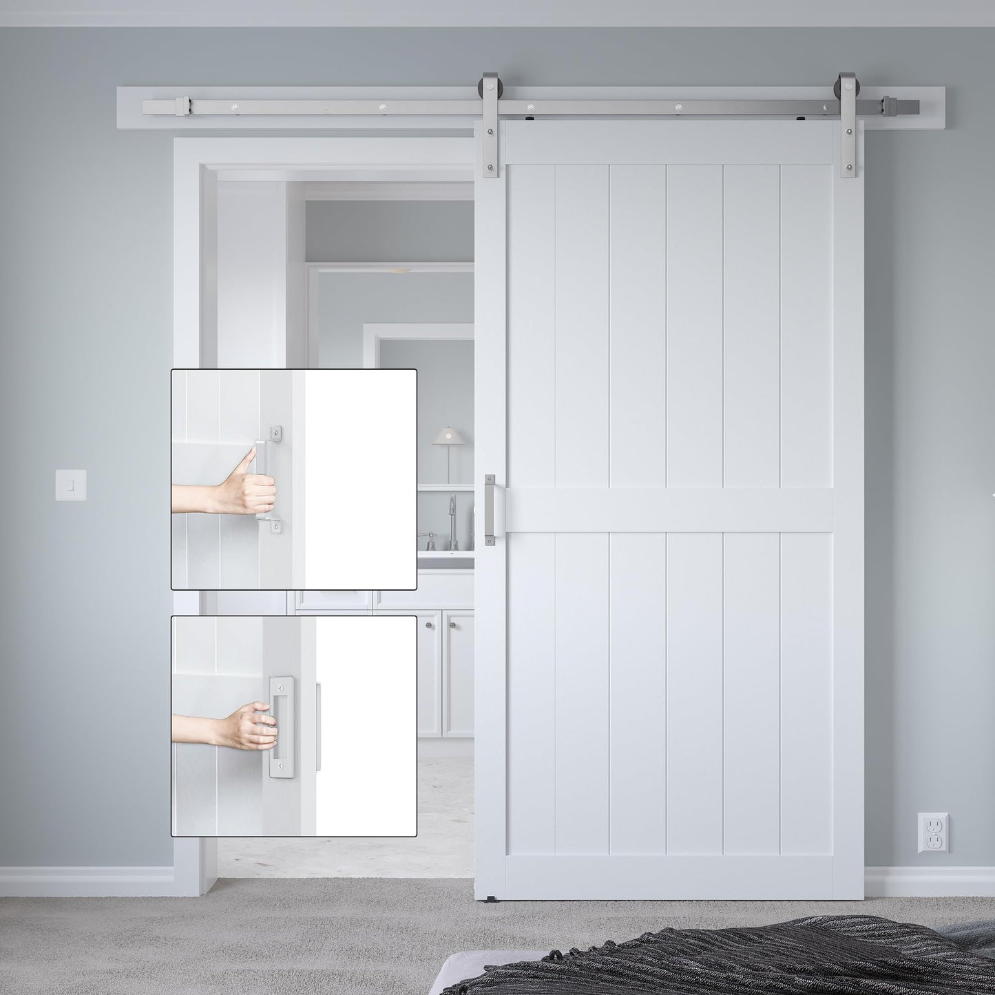 COSHOMER 42in x 84in White Sliding Barn Door with 7ft Brushed Nickel Hardware Kit & Handle, Pre-Drilled Holes Easy Assembly -Solid Barn Door Slab Covered with Water-Proof PVC Surface, H-Frame