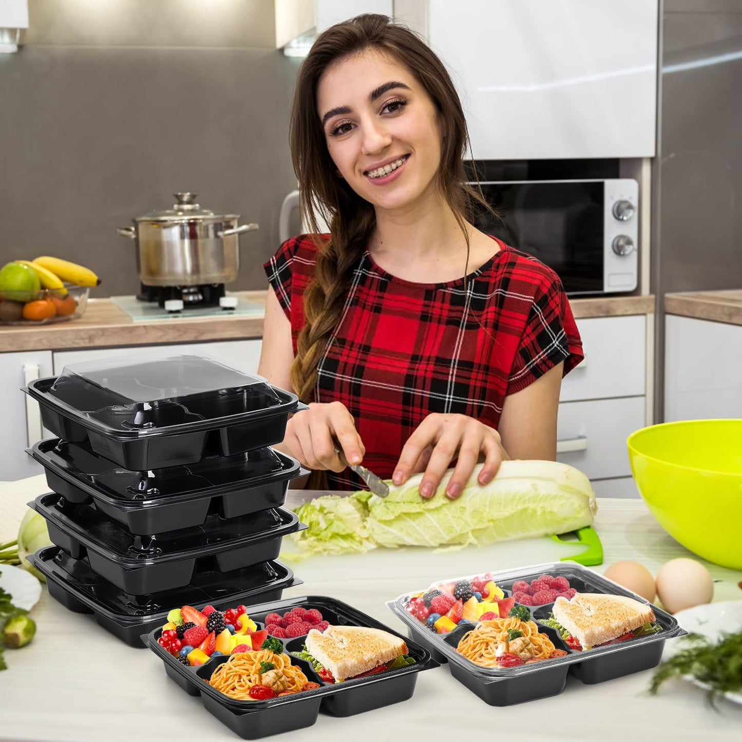 Noamus 30 Pack (60-Pcs) Meal Prep Containers, 4 Compartment Bento Lunch Box with Lid, Disposable Plastic Food Storage To Go, 34oz Portion Control Take Out Box for Adult, Not Microwave Dishwasher Safe