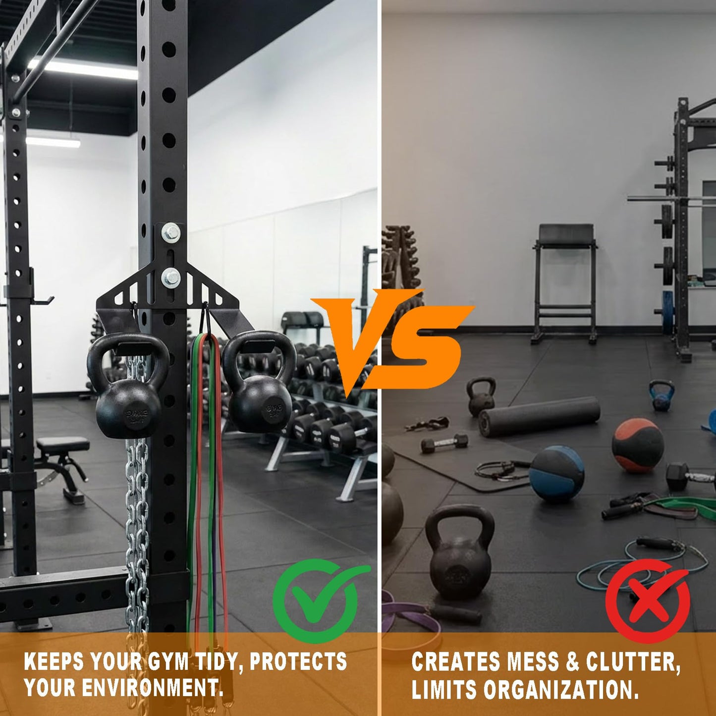 Lights Mountain Universal Dual Kettlebell Attachment with Carabiner Hooks, 5mm Steel Space-Saving Storage for Squat Rack, Silicone Padded Weight Holder for Resistance Bands & Kettlebells