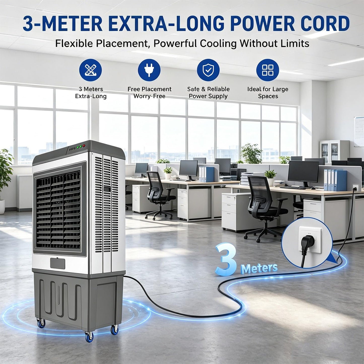 Portable Evaporative Air Cooler with 100L Auto Fill Water Tank, 3-Speed Fan, Oscillation, Manual Louvers, Ice Boxes, Lockable Wheels, for Large Rooms, Workshops, Garages, Patios.