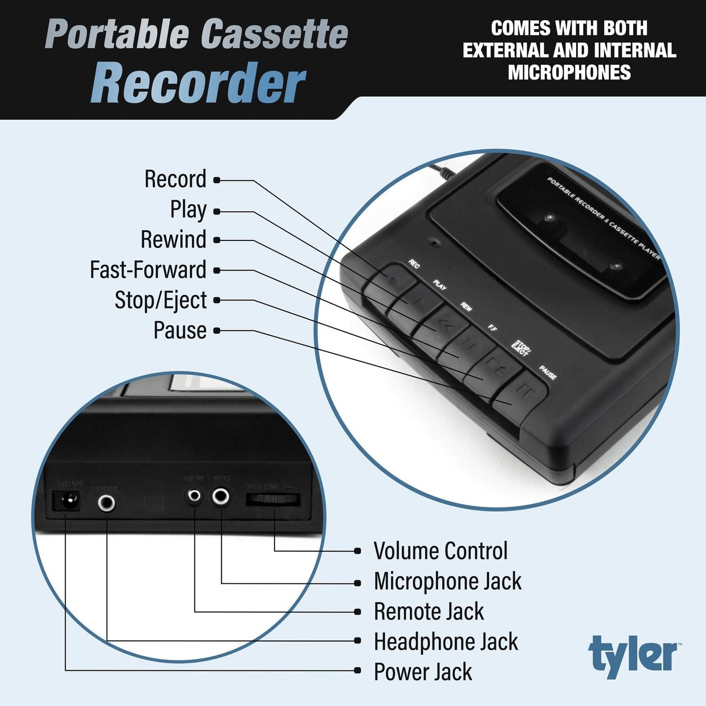 Tyler TCP-01 Cassette 120V Portable Player and Recorder - Retro Shoebox Style Music Device with Stand-Alone Microphone
