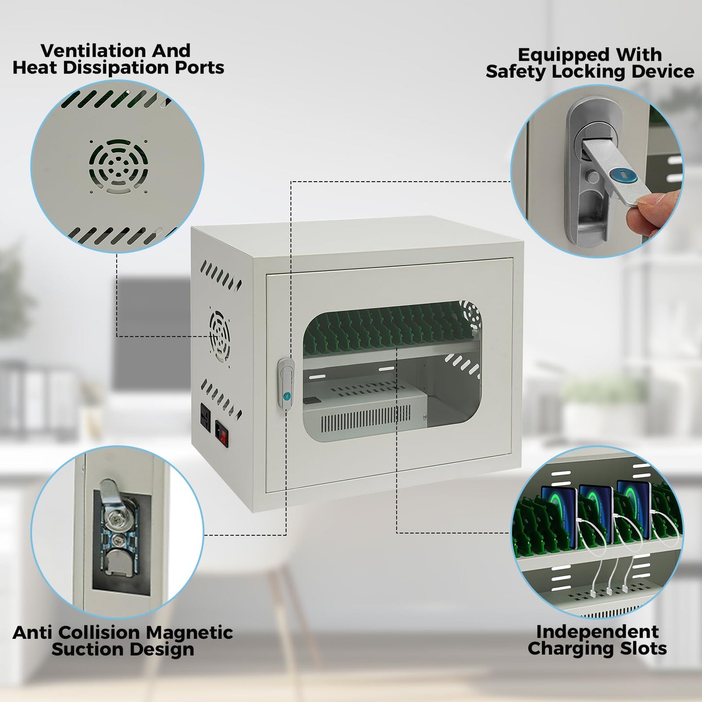 ChronosGear 20 Devices Mobile Phone Storage Cabinet, 200w Secure and Convenient Locking Charging Station, Cellphone Locker with Individual Ac Outlets for Schools, Governments, Factories (White-1)