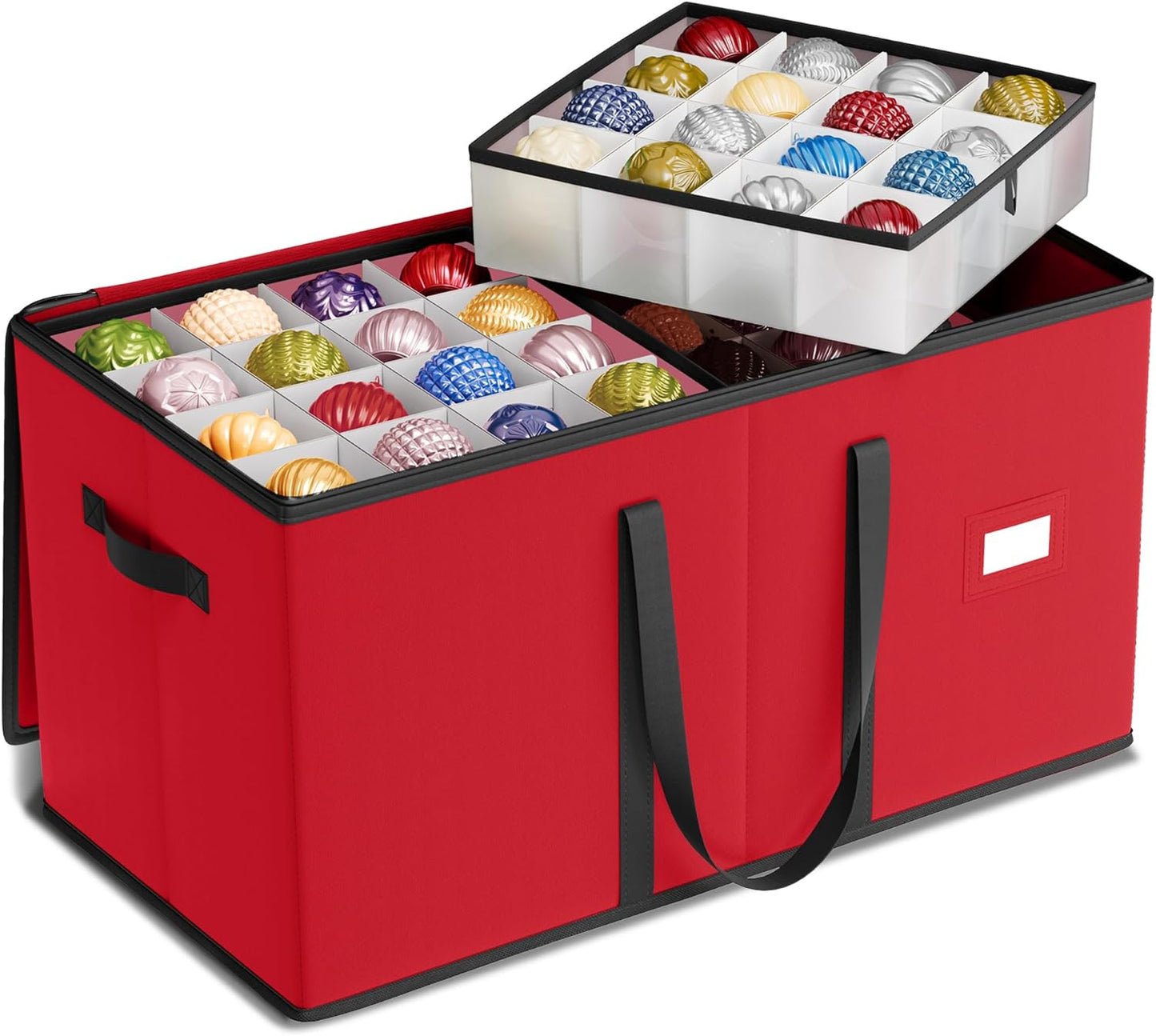 SONGMICS Christmas Ornament Storage Box - Stackable Dual Zipper Container with 128 Slots - Cherry Red, 600D Oxford