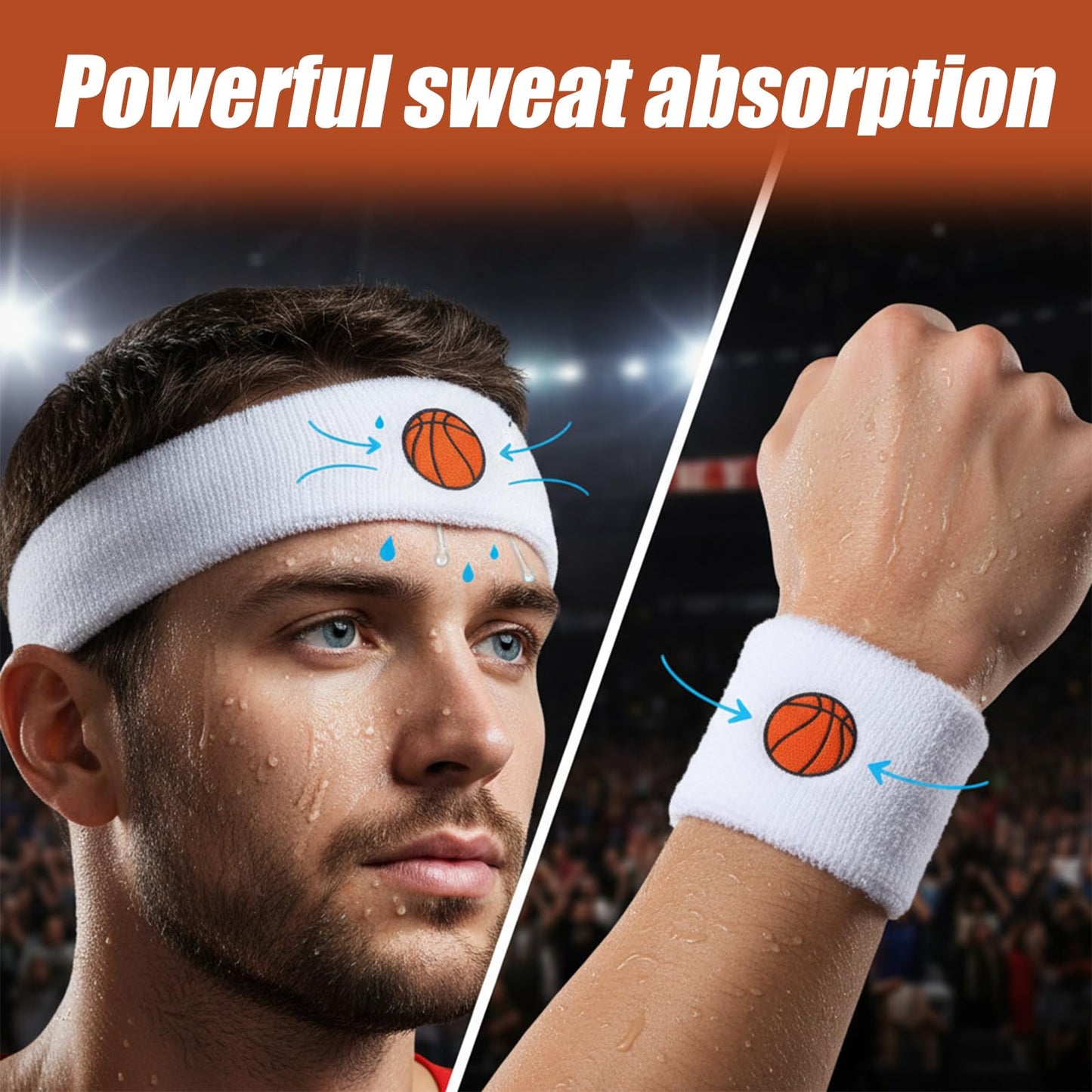 QFGasre 6pcs Sweatband Set Sports Headband Wristband Set 4 Moisture Wicking Athletic Wristband and 2 Headbands Wrist Sweatband Men Women Terry Cloth Sweat Absorbing Headband for Workout