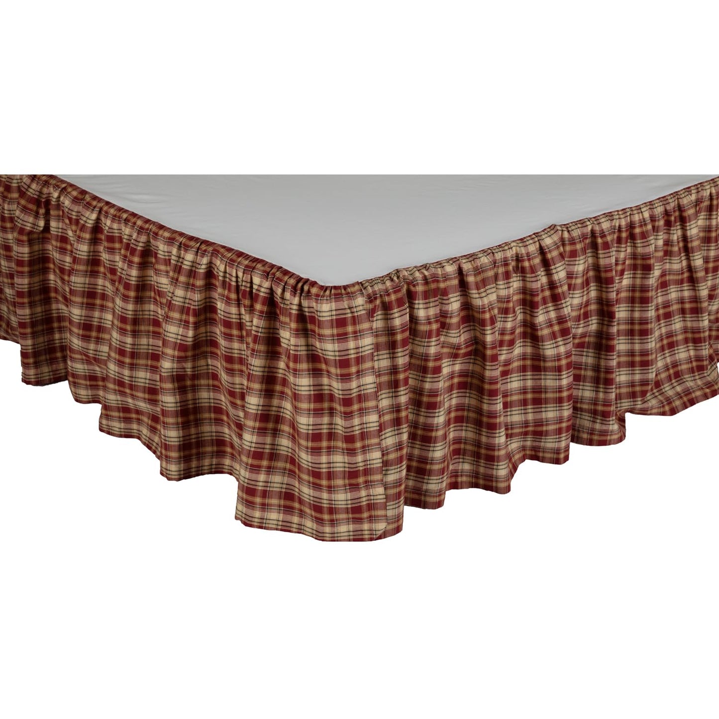 VHC Brands Beckham Plaid Cotton Rustic Split Corners Gathered Queen Bed Skirt, 60x80x16, Rust Red