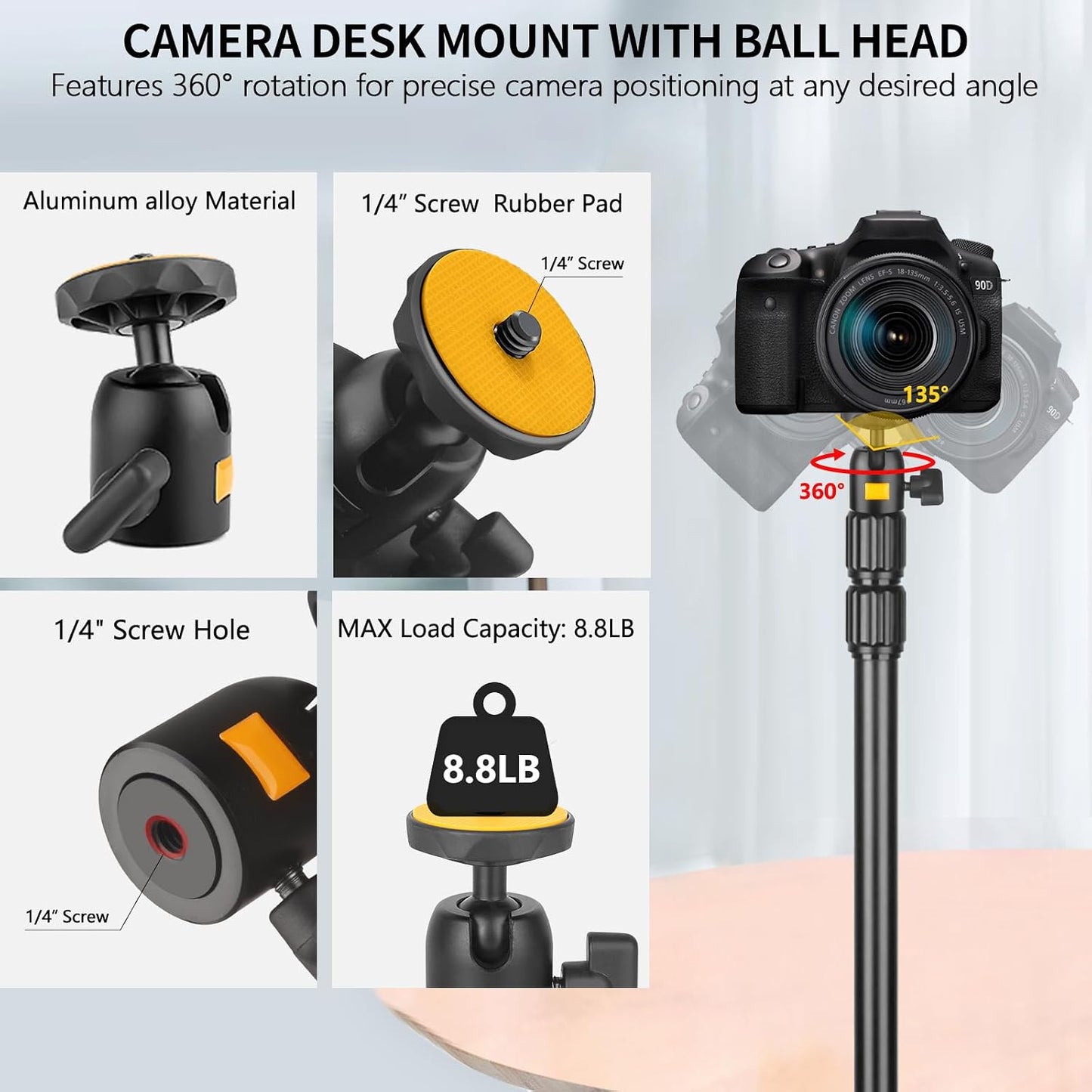 JEBUTU 1/4" Camera Desk Mount Table Stand with Ball Head, Adjustable Light Stand with Screw & C Clamp for DSLR Camera