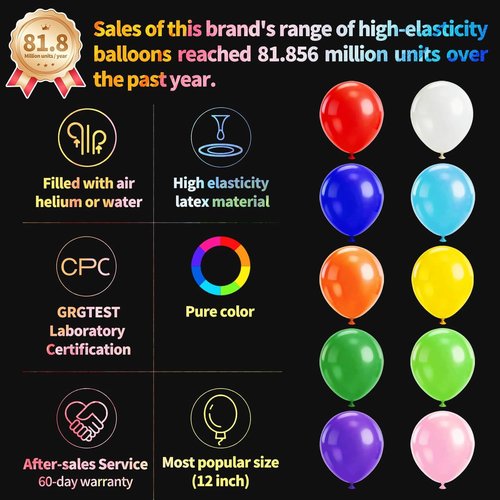 KUULBELA Rainbow Balloons - 110 Pack of 12-Inch Assorted Helium Latex Balloons for Birthday & Wedding Parties