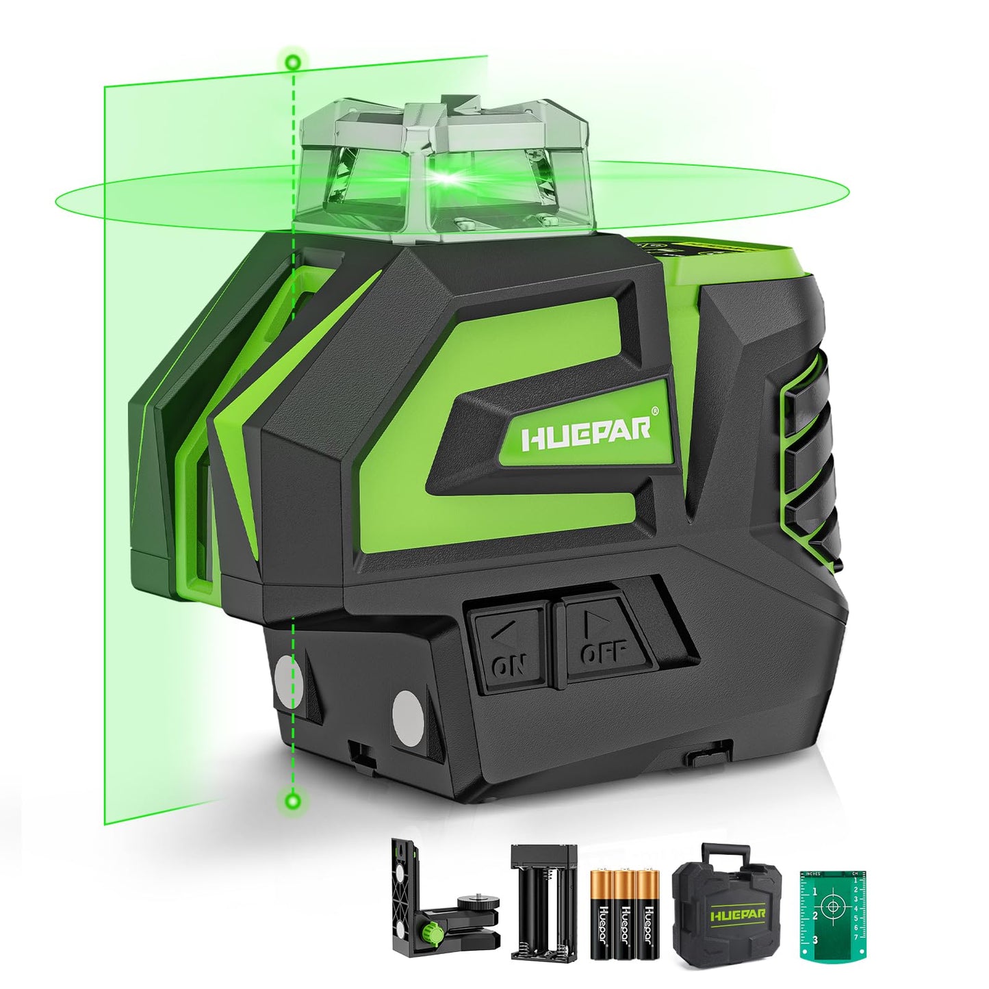 Huepar Self Leveling Laser Level Green Cross Line Laser Tool with 2 Plumb Dots, Fathers Days Dad Gifts-360° Horizontal Line&140° Vertical Level Laser with Up&Down Points -Magnetic Bracket&AA Batteries