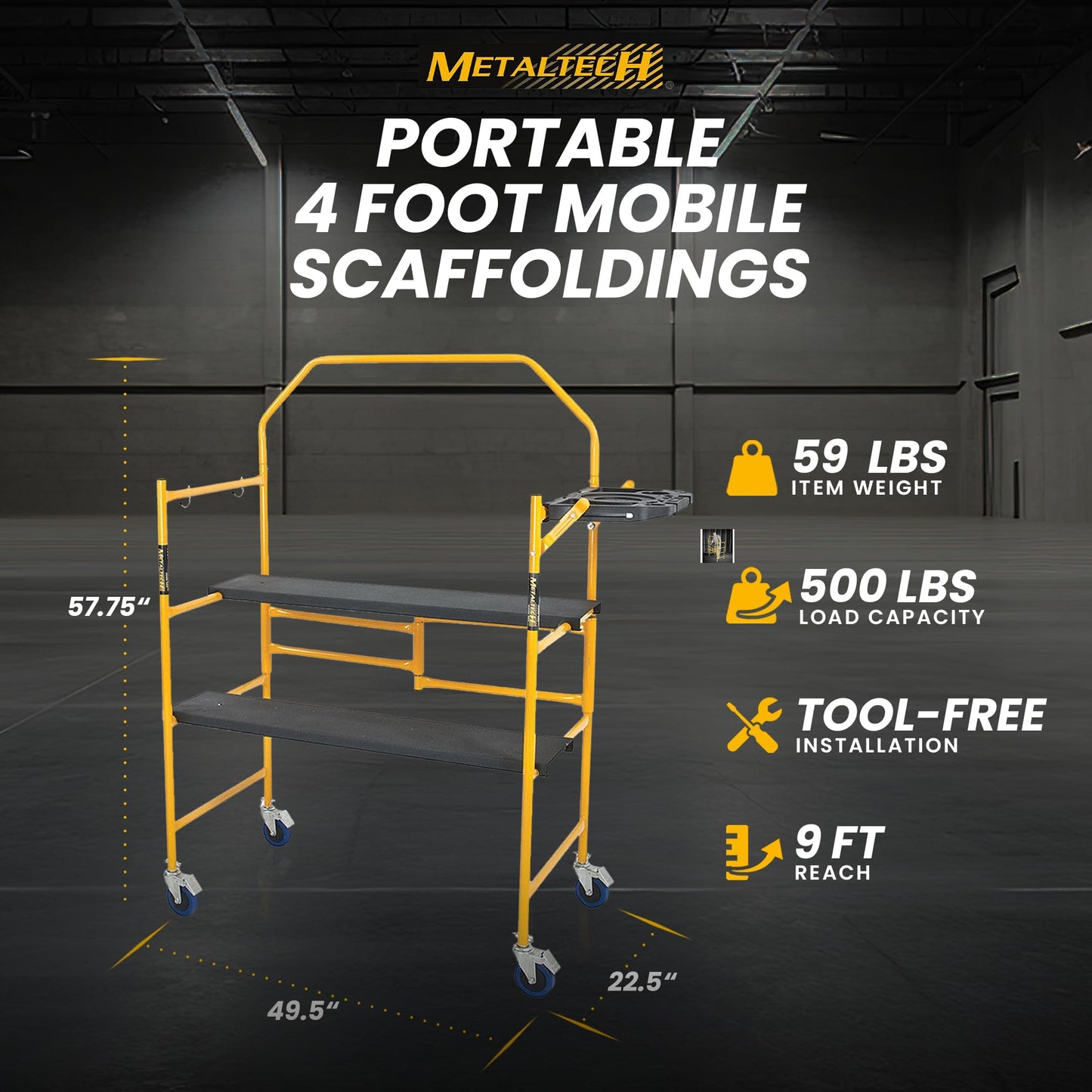 MetalTech 4 Ft Scaffolding Platform, Adjustable, Foldable and Rolling Scaffold Platform with 4-Inch Locking Wheels for Construction & DIY Projects