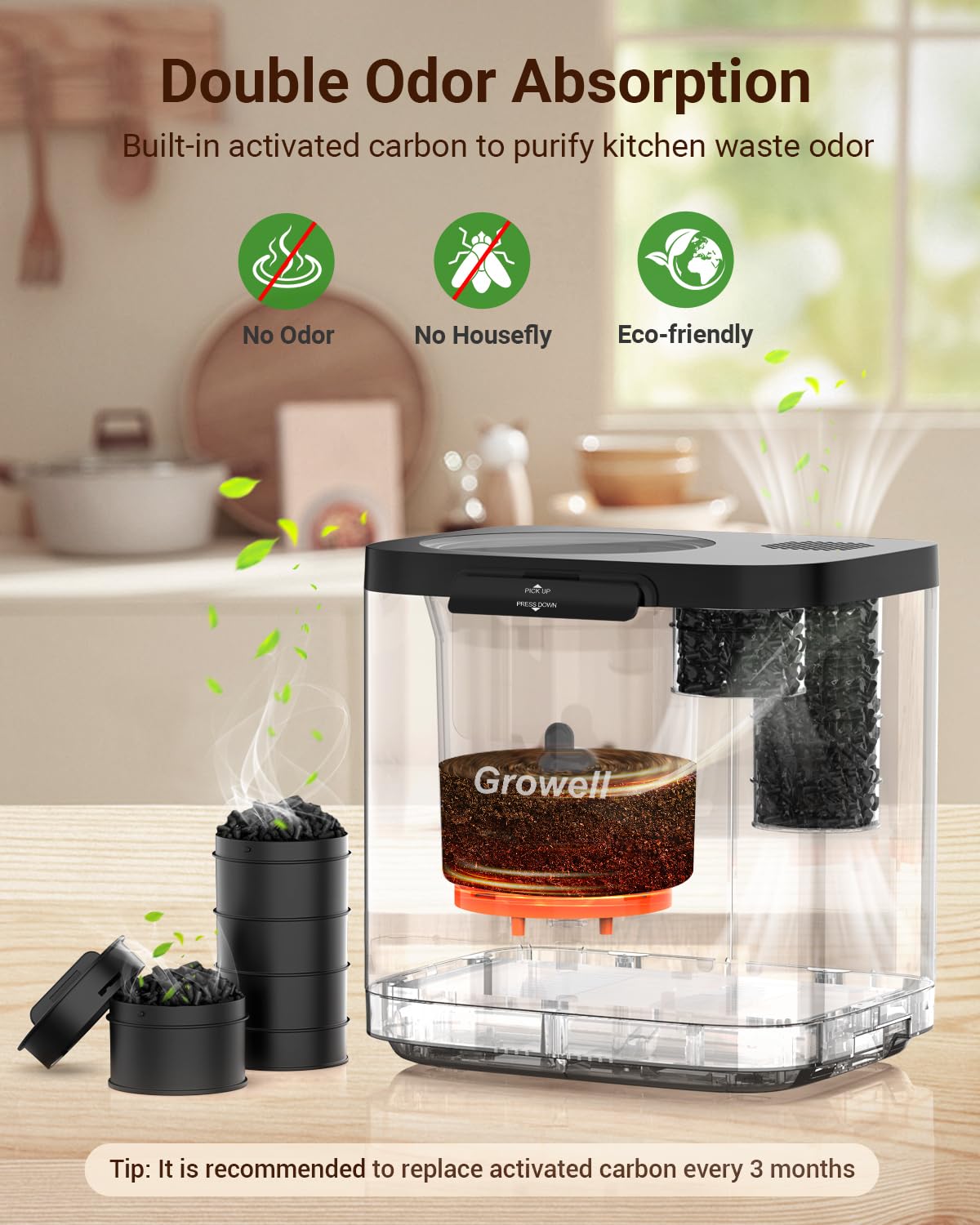 Growell 4L Electric Kitchen Composter, Countertop Compost Bin with Dual Carbon Filters, Visible Window, Auto-Clean, Quiet & Long-Life Upgraded Brushless Motor, Indoor Food Waste Composting Machine
