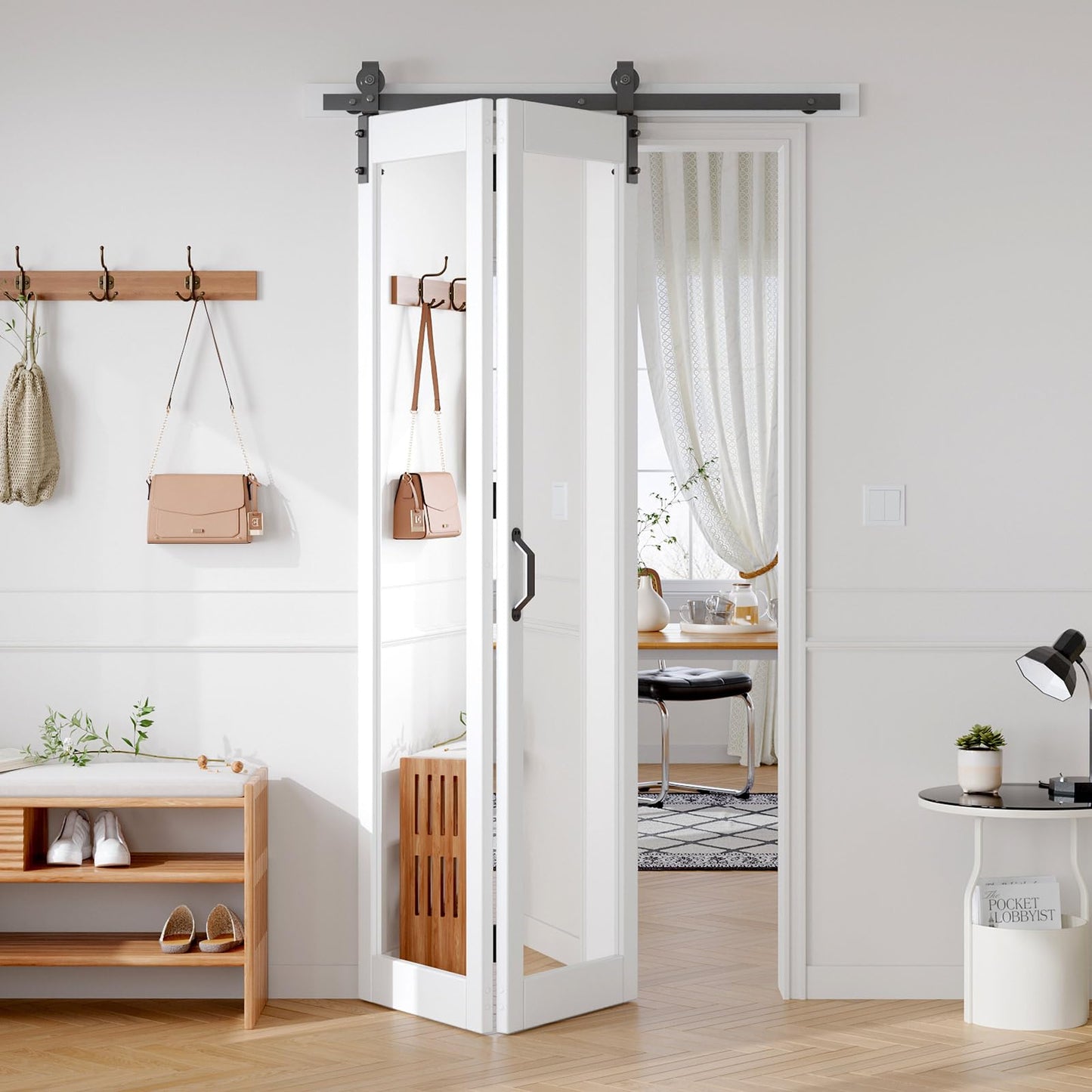 FREDBECK Preassembled Bifold Barn Door 42x84 (Double 21x84) with 1 Lites Mirror,Bi-fold Closet Doors Hardware Kit Included,46" Track for 2 Doors, PVC, White,for Living Room, Bathrooms, Kicthen