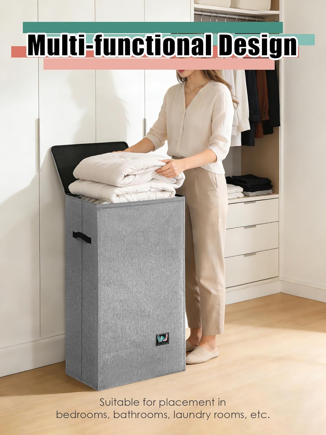 WTREE Laundry Hamper - Large 100L Collapsible Clothes Basket with Lid & Removable Liner - Grey