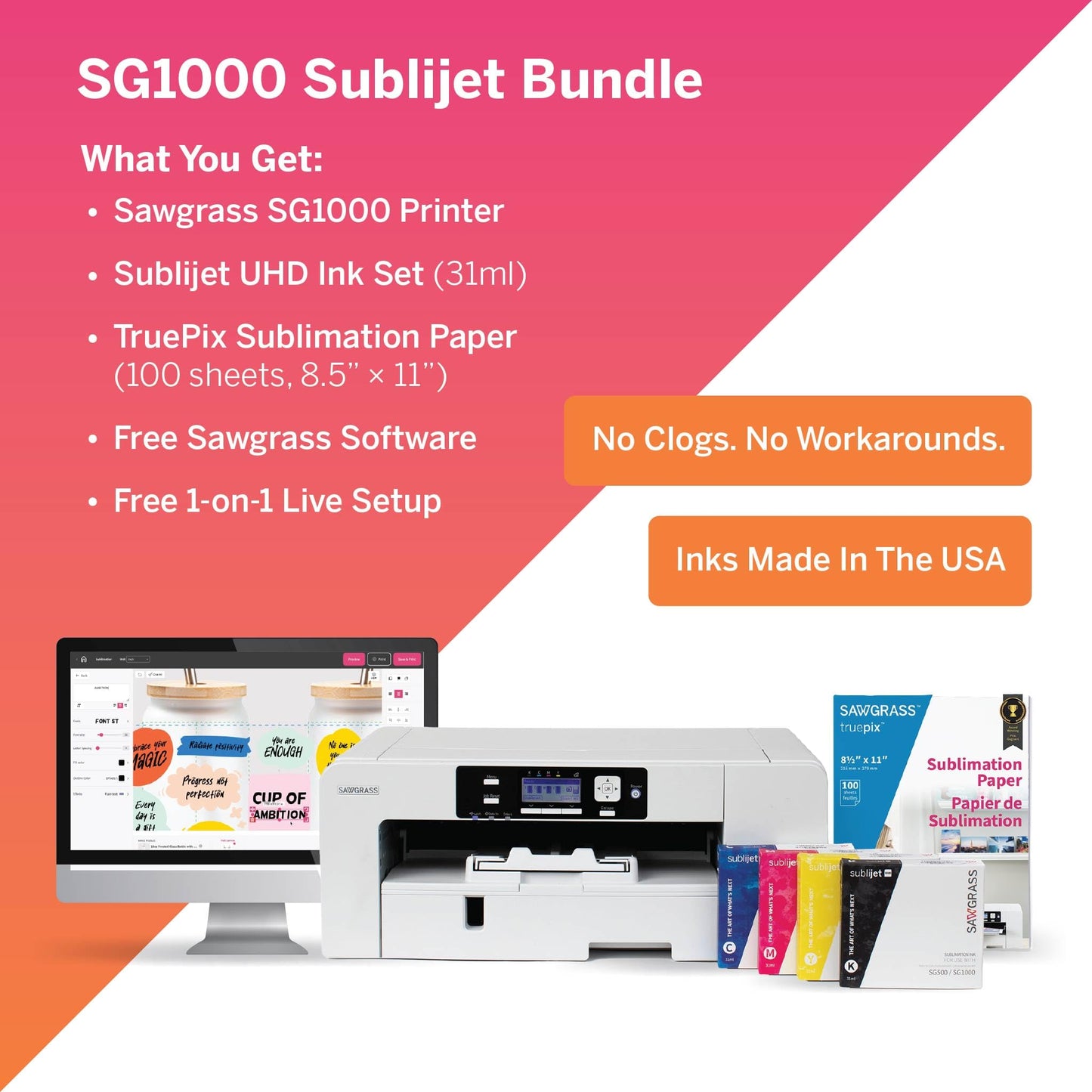 Sawgrass SG1000 Sublimation Printer Bundle | Professional Dye-Sublimation Printer with 31mL SubliJet UHD Inks & TruePix Paper | Prints Up to 11”x17” | Wi-Fi | Auto-Maintenance | Business-Ready