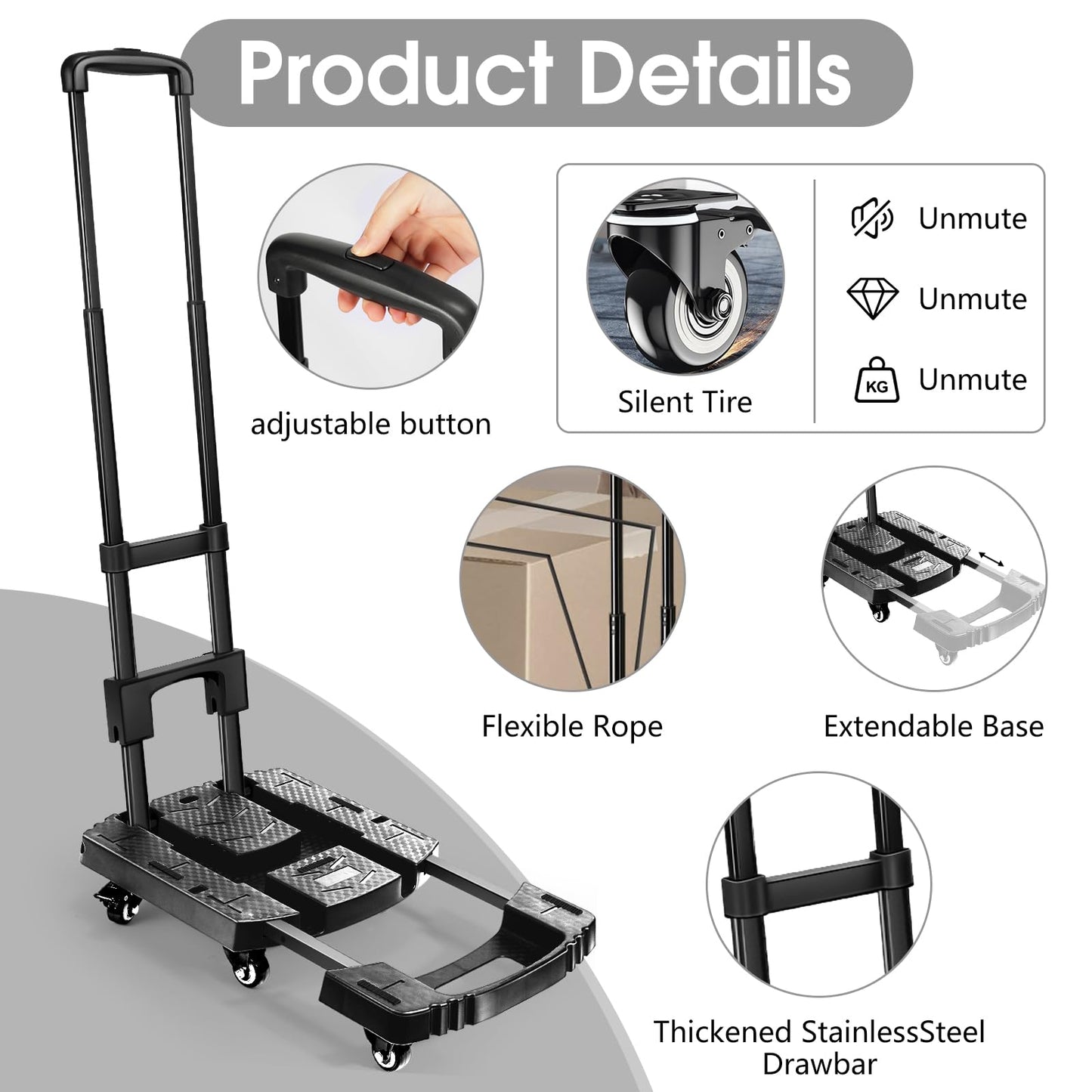Voipvvii Folding Hand Truck 500lbs, Portable Heavy Duty Dolly Cart, 6 Wheels Collapsible Luggage Cart with 2 Elastic Ropes - Compact Trolley Cart for Easy Moving - Ideal Hand Cart for Travel and More