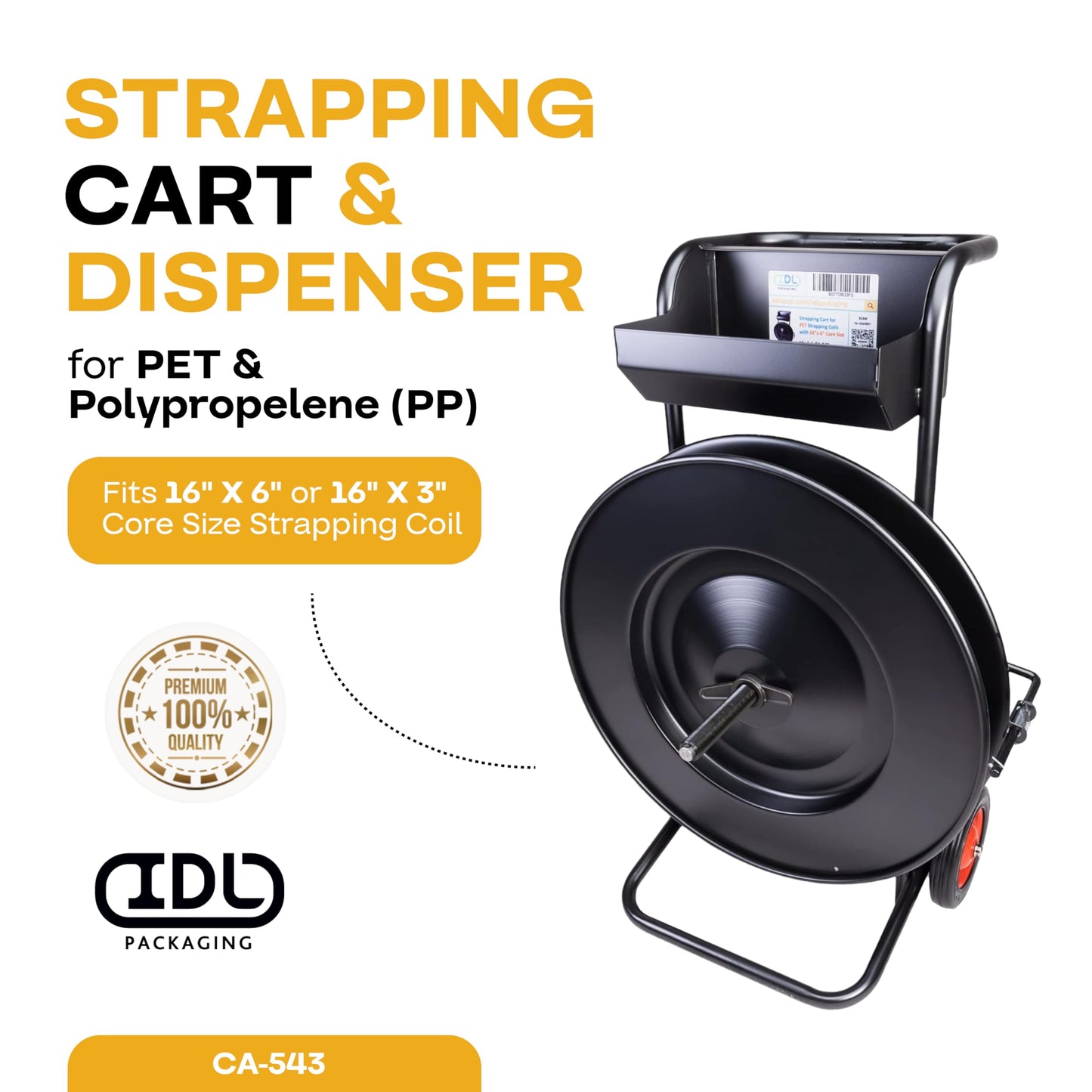 IDL Packaging CA-543 Heavy Duty Strapping Cart/Dispenser for Polyester (PET) Strapping Coils with 16" x 6" or 16" x 3" Core Size — Improved Brake System — Built-in Tray for Tools and Seals