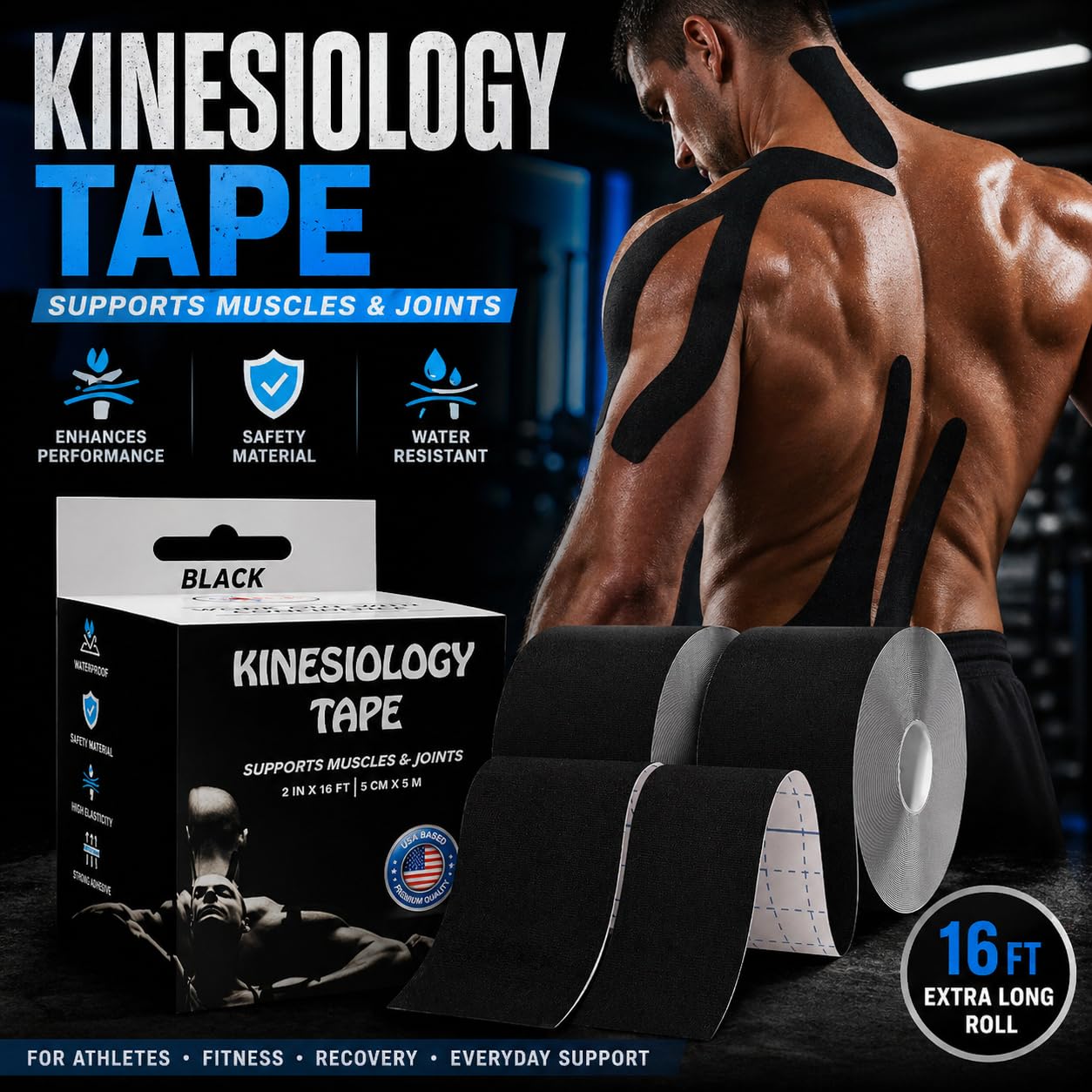 JLB Kinesiology Tape – 2 Rolls, 2 in x 16 ft – KT Tape for Shoulder, Knee, Wrist & Ankle – Waterproof Athletic Tape – Latex-Free Sports Tape for Pain Relief, Muscle Support & Physical Therapy (Black)