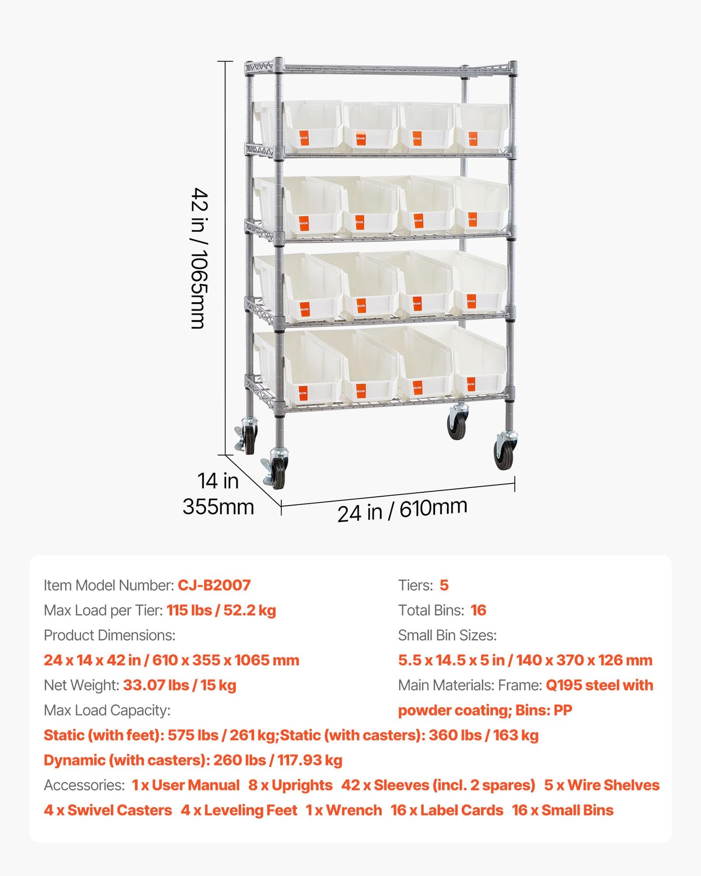 VEVOR 5-Tier Rolling Bin Storage Rack, 16 Organizer Bins, Bin Rack Storage Steel Wire Shelving System with Wheels, Mobile Tool Organizer for Garage, Warehouse, Office, Restaurant, Classroom, Kitchen