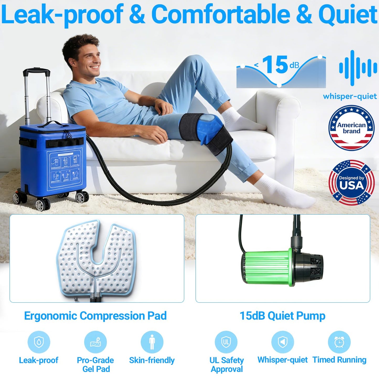Ice Machine for Knee After Surgery, Cold Therapy Machine for Hip Shoulder Knee Replacement Recovery, Portable Quiet Leak-Proof Knee Ice Machine with Wheels & Universal Pad for Pain Relief and Swelling