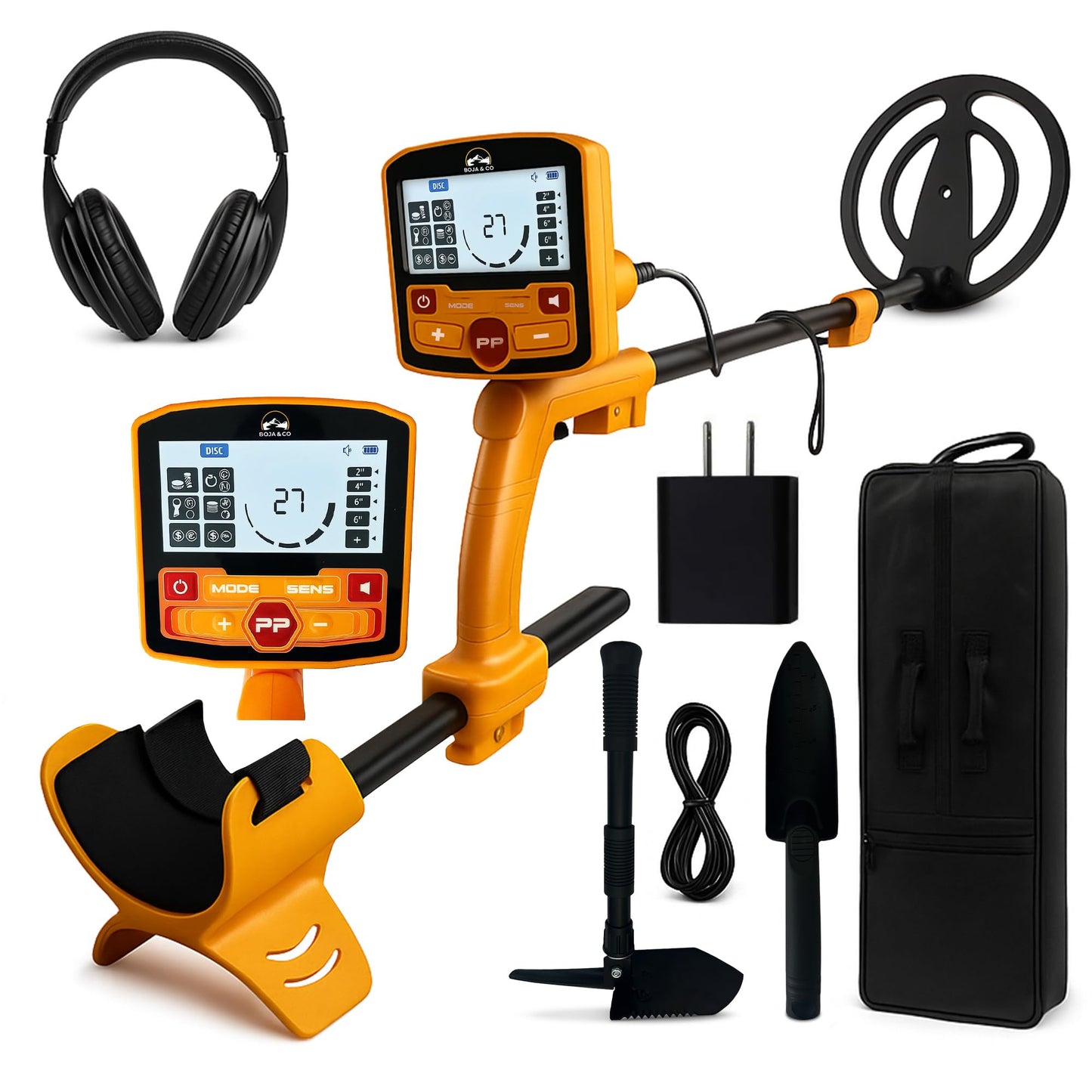 BoJa&Co Metal Detector for Adults, Professional Waterproof Gold & Silver Detector, Rechargeable Kit with 5 Detection Modes, LCD Display, Headphones, Carry Bag & 4-in-1 Digging Shovel