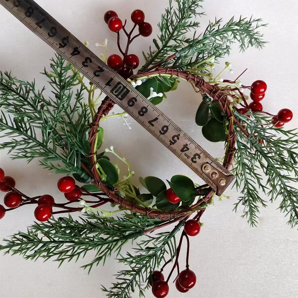 Regine Switzerland Christmas Candle Rings - 4 Inch Artificial Red Berries & Pine Needles Wreaths | Rustic Holiday Table Decor