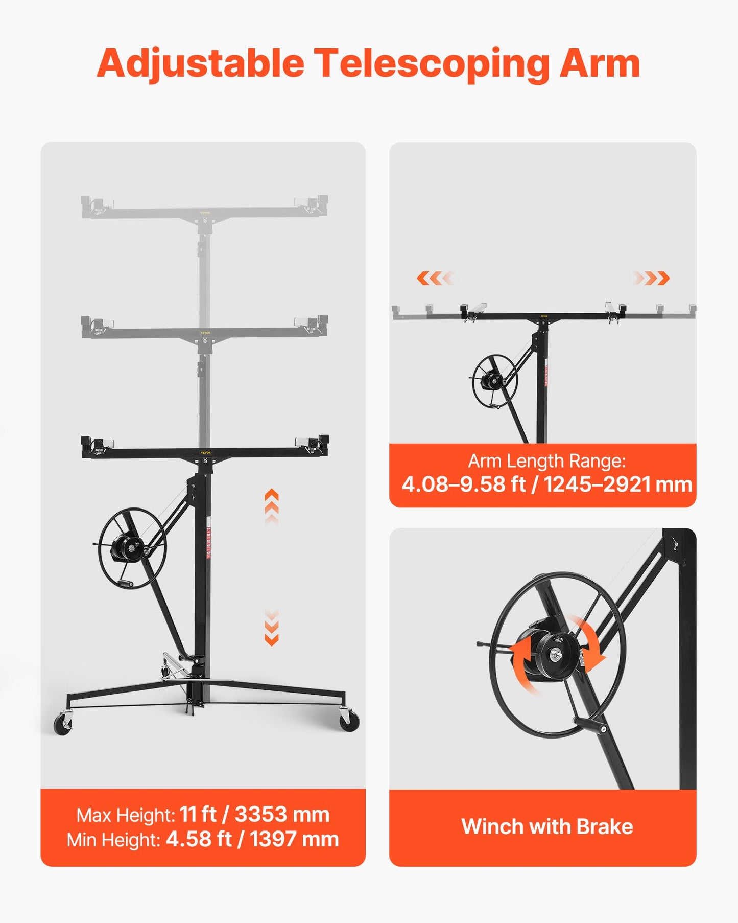 VEVOR 11ft Drywall Lift, Heavy-Duty 150 lbs Sheetrock Hoist with Adjustable Telescoping Arm, Lockable Wheels, Drywall Lifter Panel Jack Hoist Tools Ideal for Ceiling & Wall Installation (Black)