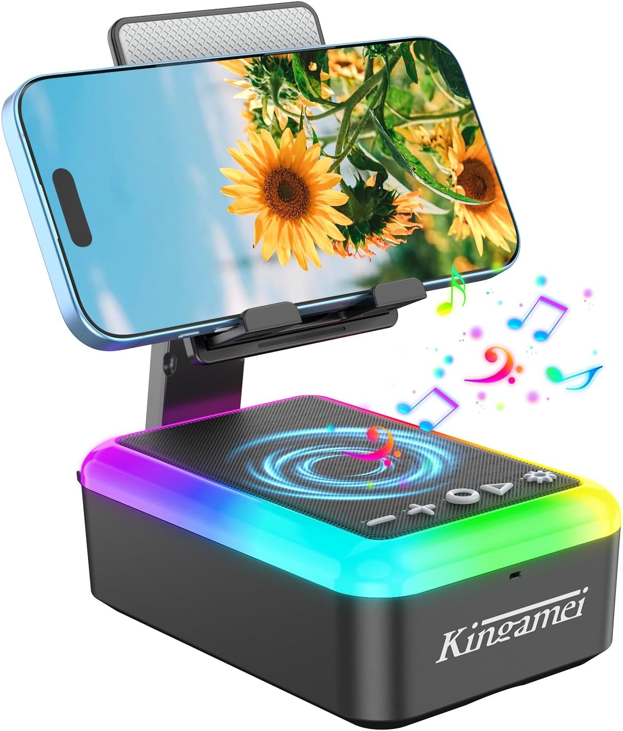 Kingamei 3-in-1 5.3 Cell Phone Stand with Bluetooth Speaker, RGB Colorful Light Desk Phone Holder, Foldable Cool Tech