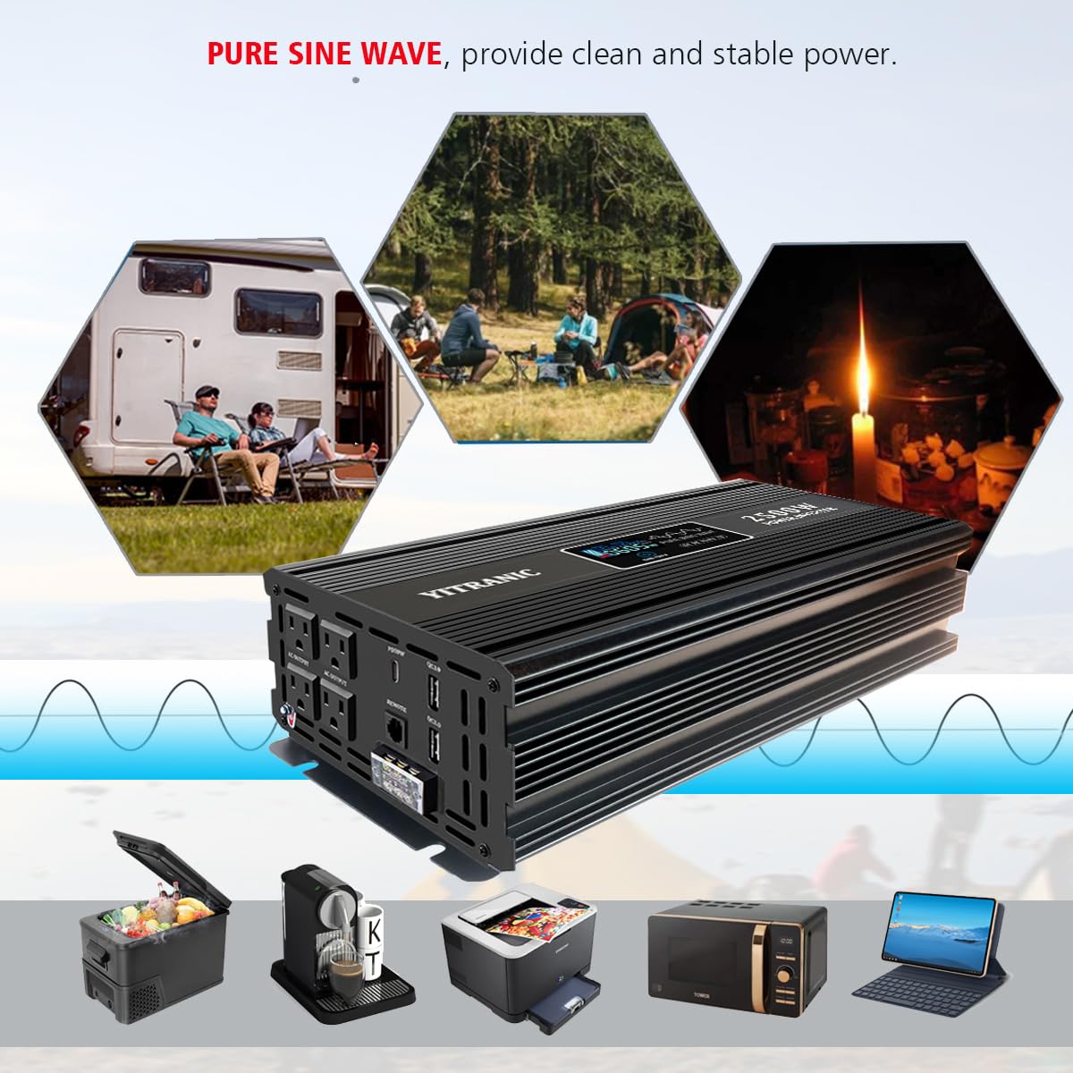 YITRANIC 2500W Pure Sine Wave Inverter 12V DC to 120V AC Upgraded 2000 watt Inverter, with164ft Wireless LCD Remote, USB/Type-C Fast Charging, Hardwire Port for RV, Home Emergency, Off-Grid Solar