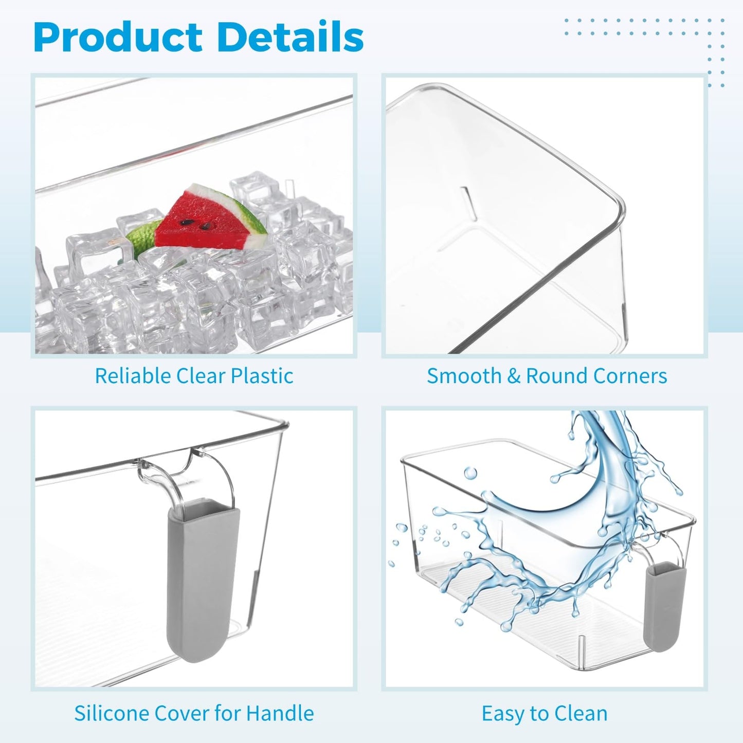 2 PCS Ice Bin with Scoop and Tong, Ice Bucket with Pull-out Handle for Freezer, 2 Sizes Clear Plastic Ice Container for DIY Drink Summer Party, 12.2 x 6.9 x 4.3 in, 12.2 x 4.9 x 4.3 in, Gray Handle