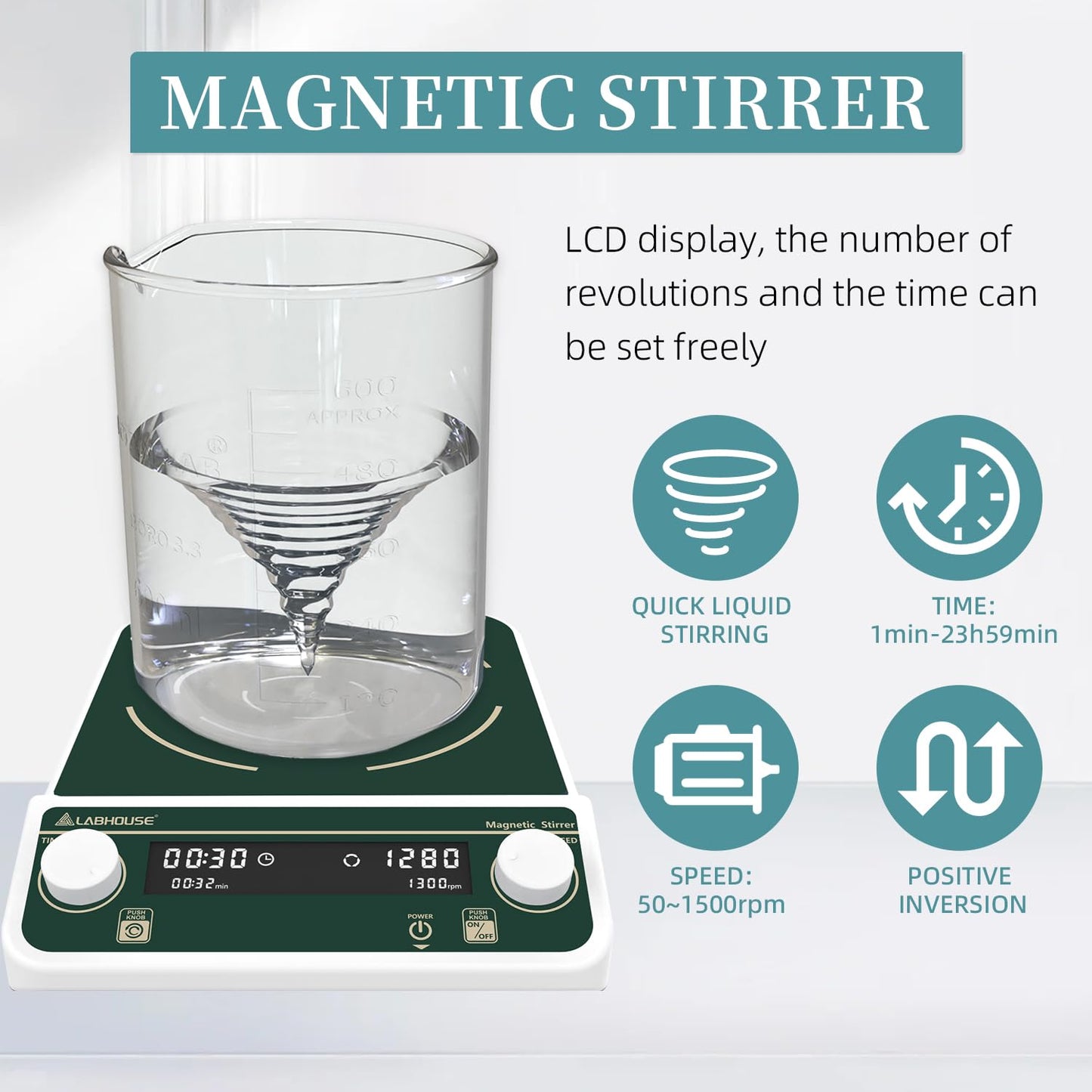 LABHOUSE 10L Magnetic Stirrer Mixer Large Capacity 8.7"X8.7" Stir Plate Digital Timing Setting & Speed 50-1500PRM,Stir Bar Included for Lab