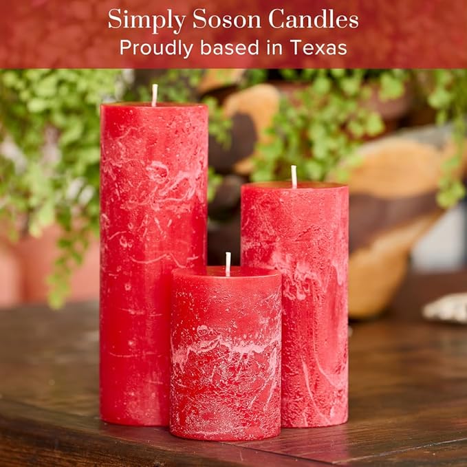 Simply Soson 3x4, 3x6, 3x8 inch Red Pillar Candles, Set of 3 Pillar Candles, Rustic Texture, Unscented Red Candles, Dripless Candles, Ideal as Wedding, Parties, Spa, Dinner, Home Decor, Church