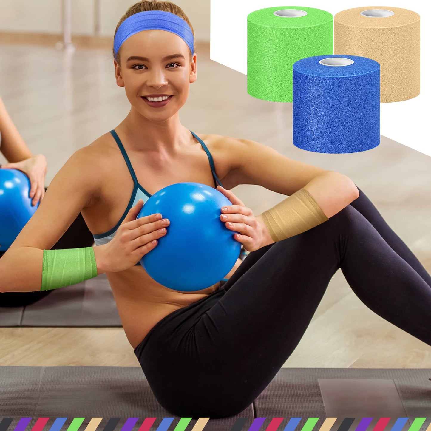 Nuanchu 24 Pieces Wrap Athletic Tape 2.75 Inches x 30 Yards Athletic Foam Underwrap Tape for Hair Soccer Sport Pre Wrap Ankles Wrists Hands and Knees(Black, White, Beige, Rose Red, Lime Green, Blue)