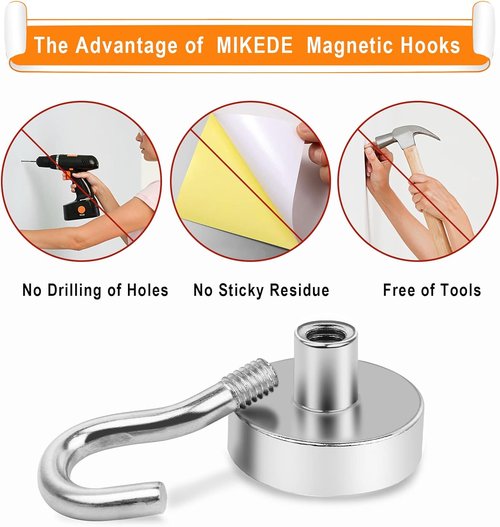 MIKEDE N52 Magnetic Hooks - Heavy Duty 30Lbs Capacity | Strong Magnetic Hangers for Kitchen & Garage, Pack of 6