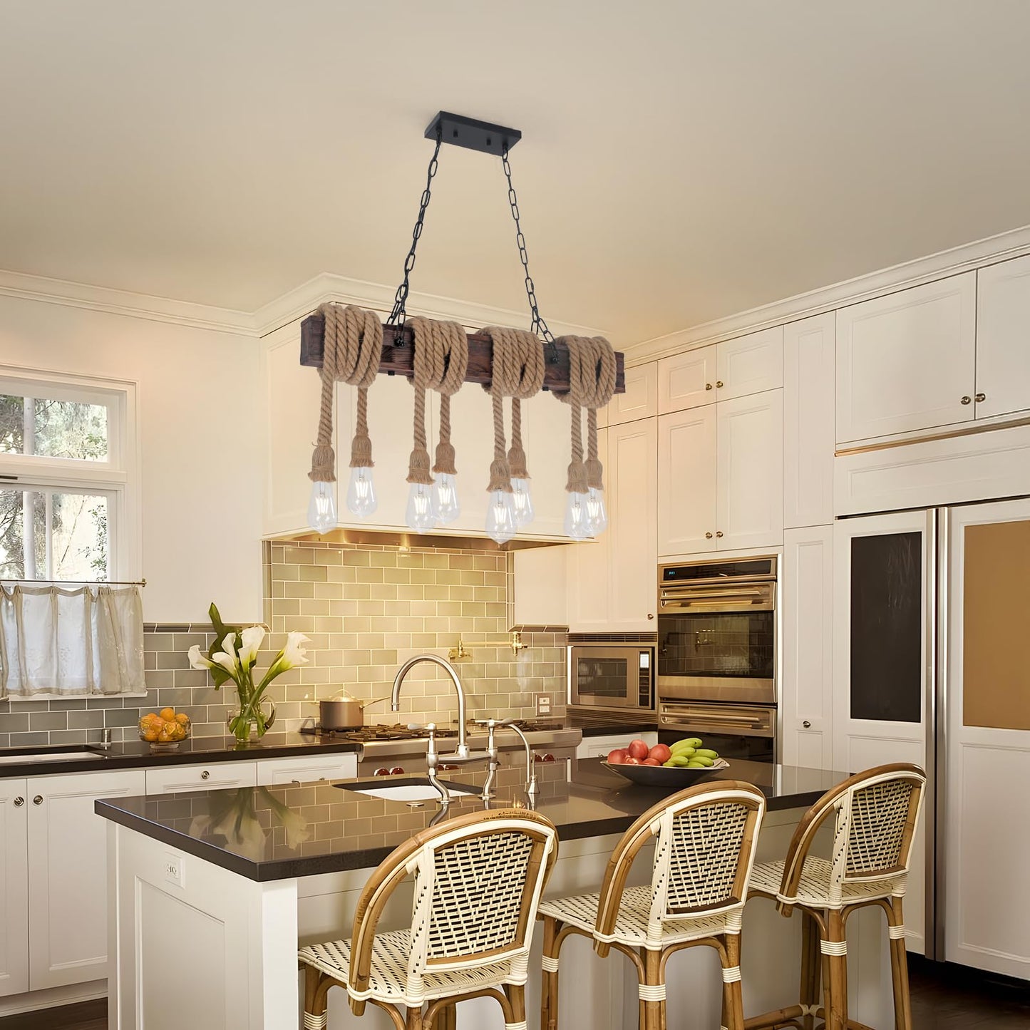 KEESFU Farmhouse Light Fixtures Rustic Chandelier，8-Light Kitchen Island Light Height Adjustable，Hemp Rope Pendant Light for Kitchen Dining Room Bar.