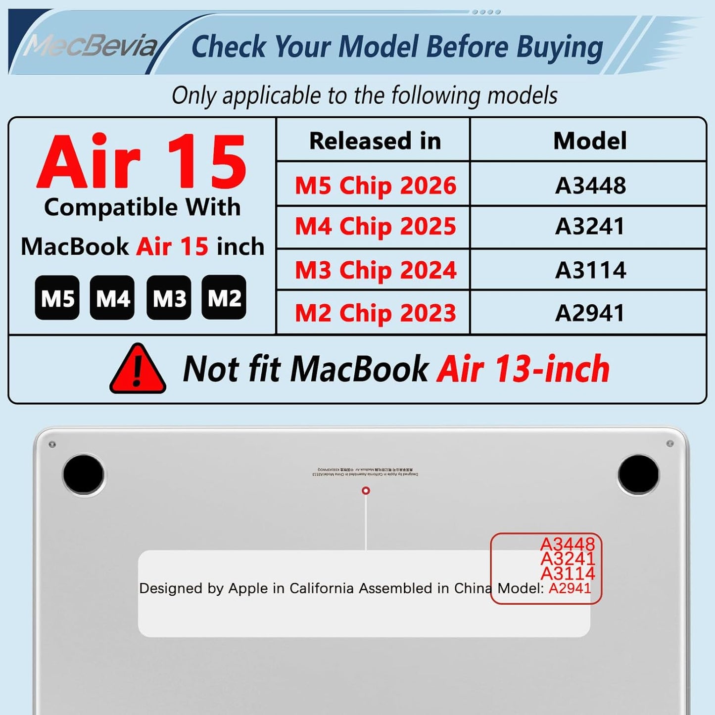 MecBevia 2026 M5 15 inch 2026 2025-2023 M5 A3448 M4 A3241 M3 A3114 M2 A2941, Compatible with MacBook Air Case, Keyboard