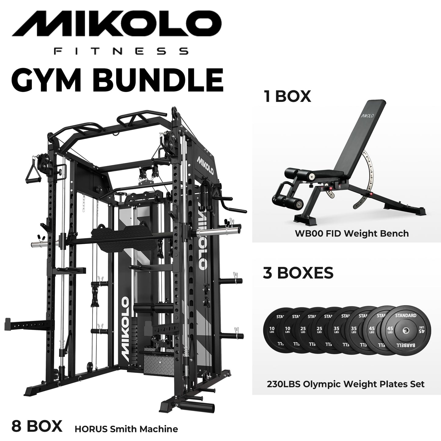 Mikolo Smith Machine with Weight Stack, Power Cage Home Gym System with LAT Pulldown & Cable Crossover, Multi-Functional Trainer with Dual Pulley System, BP 230lbs